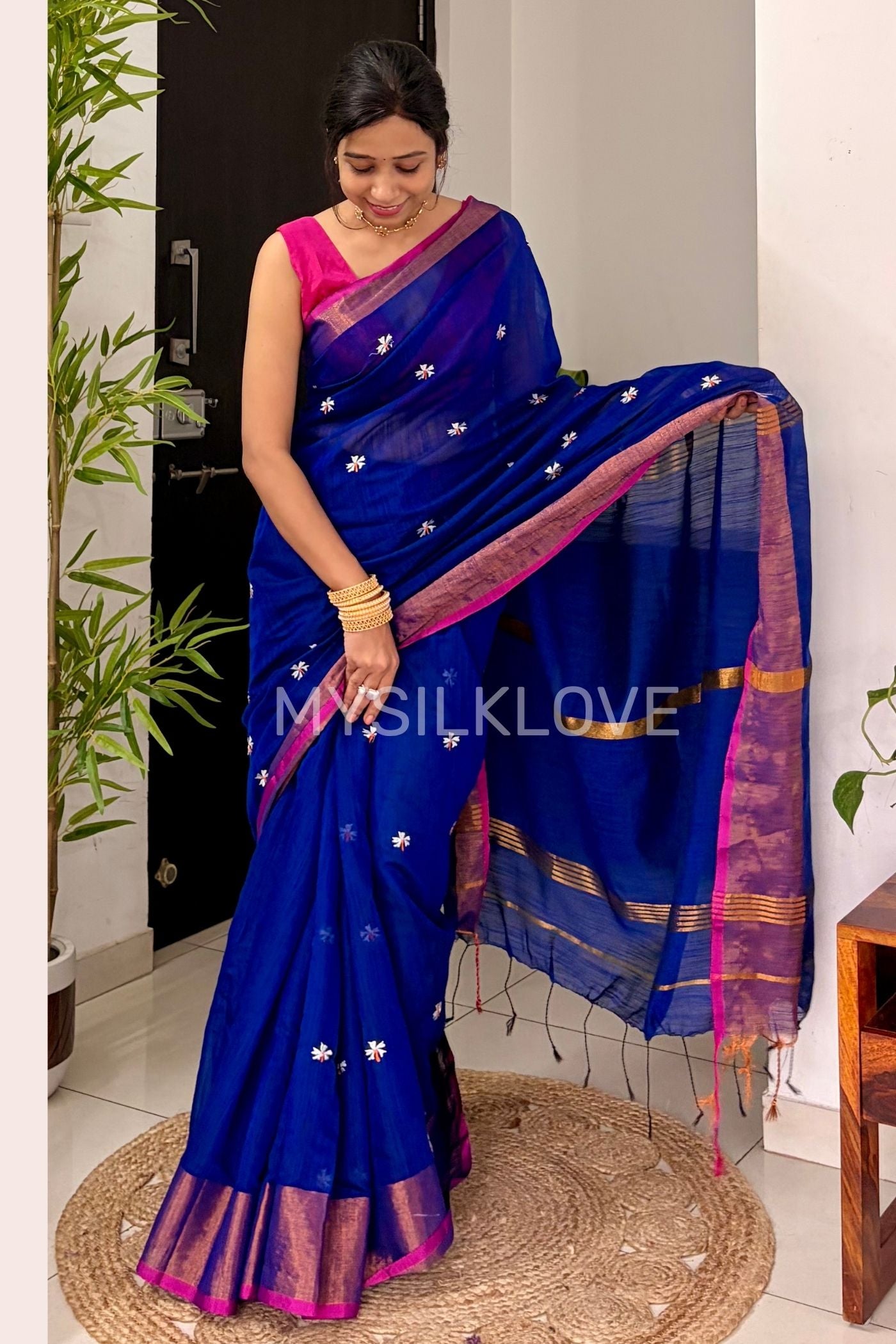 MySilkLove Havelock Blue Handloom Cotton Prajakta Flower Butti Saree