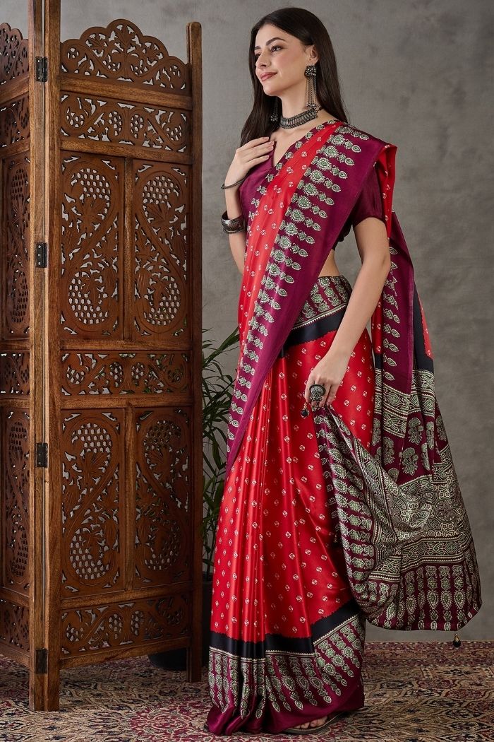 Buy MySilkLove Brick Red Ajrakh Printed Satin Gaji Silk Saree Online