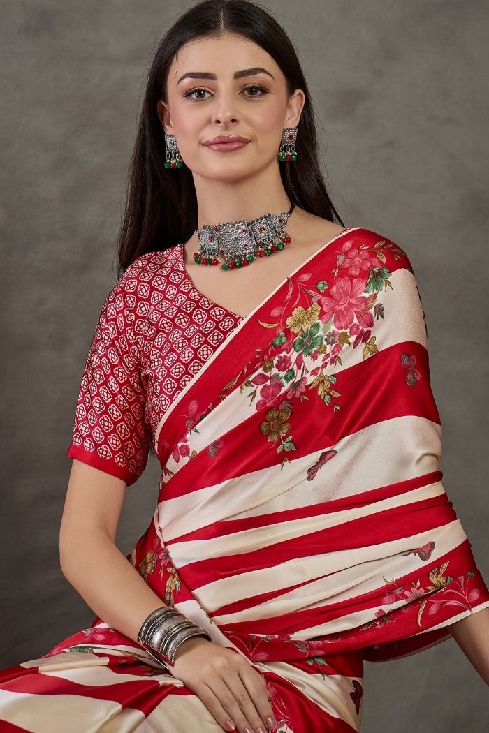 MySilkLove Fire Red Stripe Printed Floral Satin Gaji Silk Saree