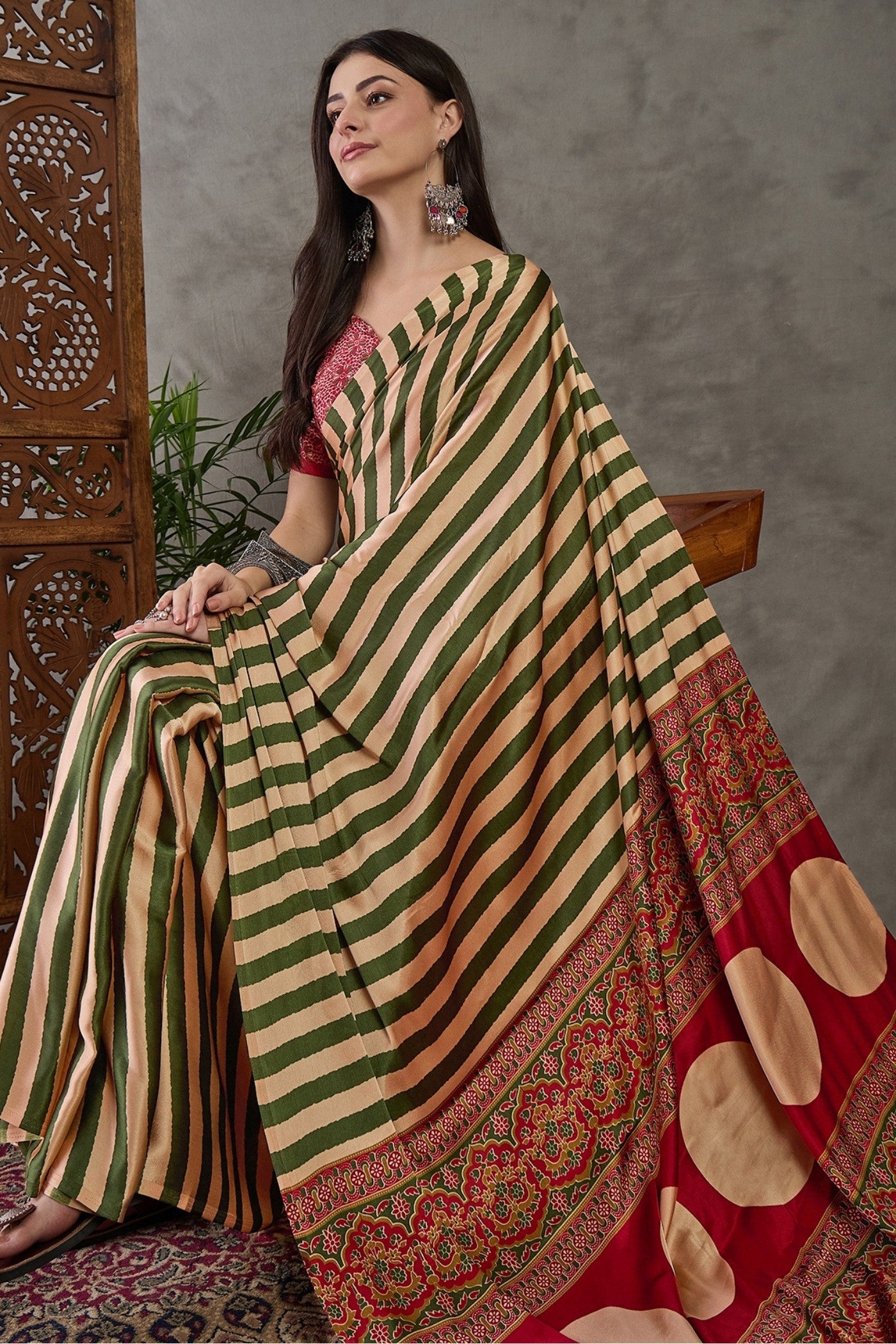 Buy MySilkLove Avocado Green Stripe Ajrakh Printed Satin Gaji Silk Saree Online