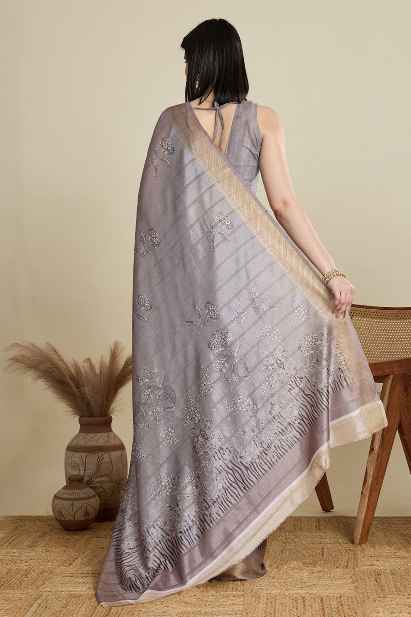 Buy MySilkLove British Grey Woven Cotton Saree Online