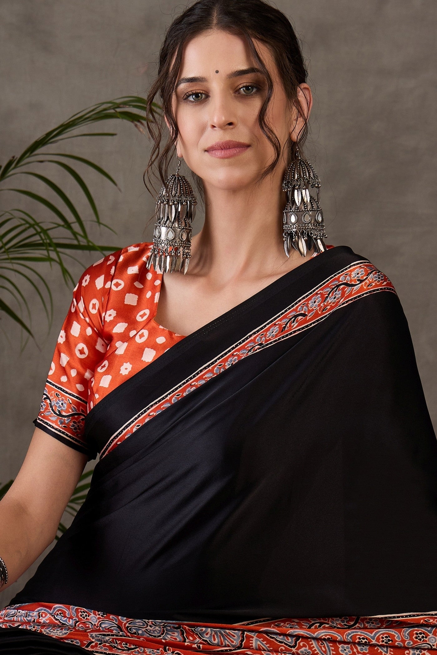MySilkLove Licorice Black Printed Satin Gaji Silk Saree