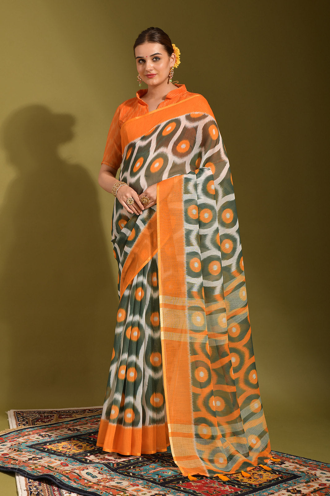 Buy MySilkLove Gurkha Green and Orange Digital Printed Linen Saree Online