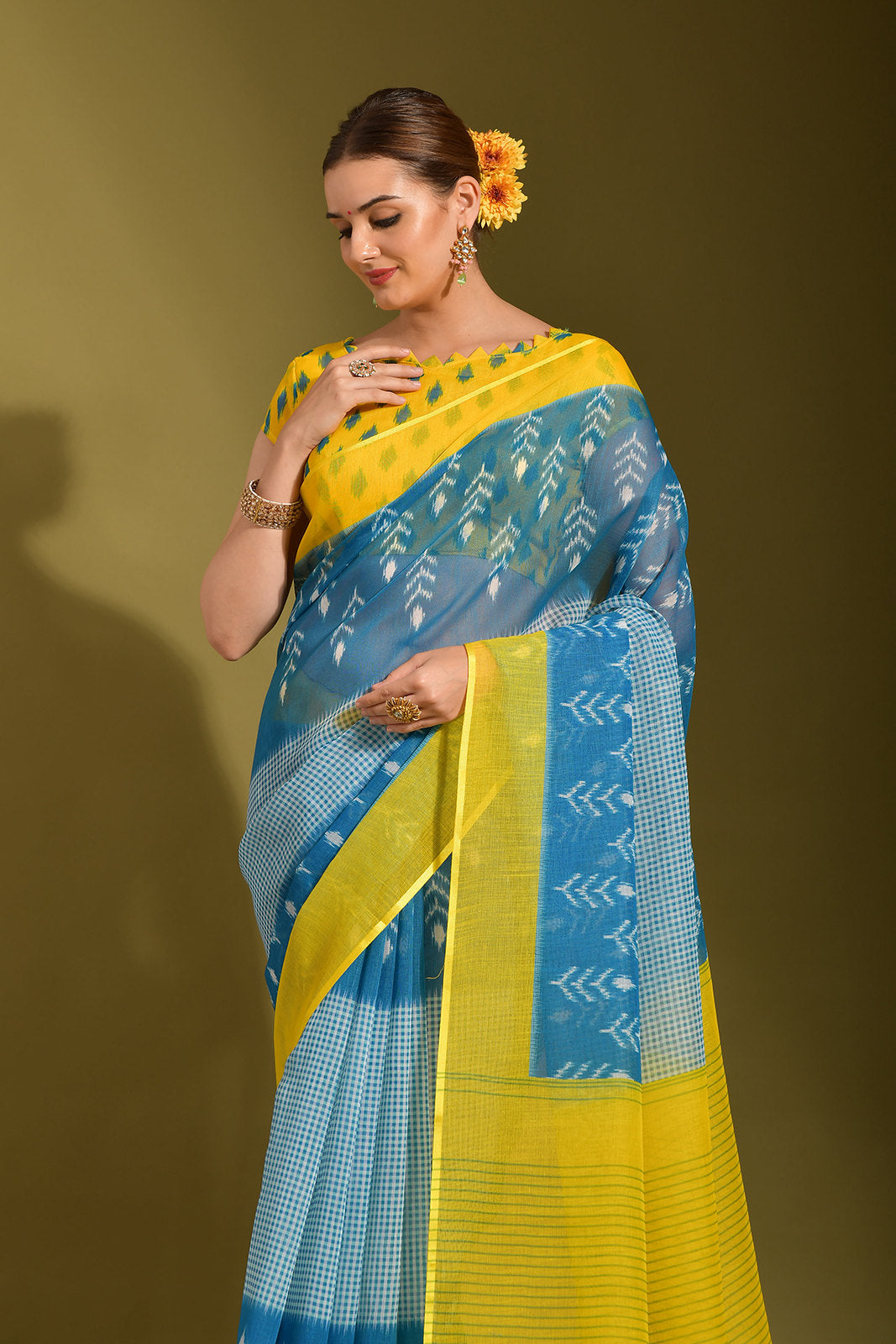 Buy MySilkLove Sea Nymph Blue and Yellow Digital Printed Linen Saree Online