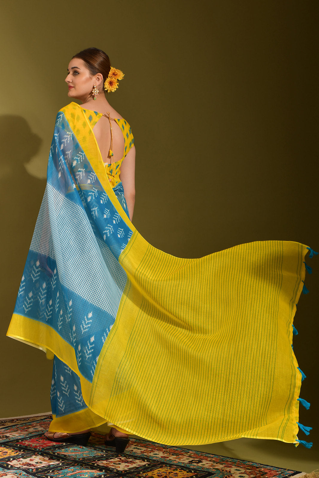 Buy MySilkLove Sea Nymph Blue and Yellow Digital Printed Linen Saree Online