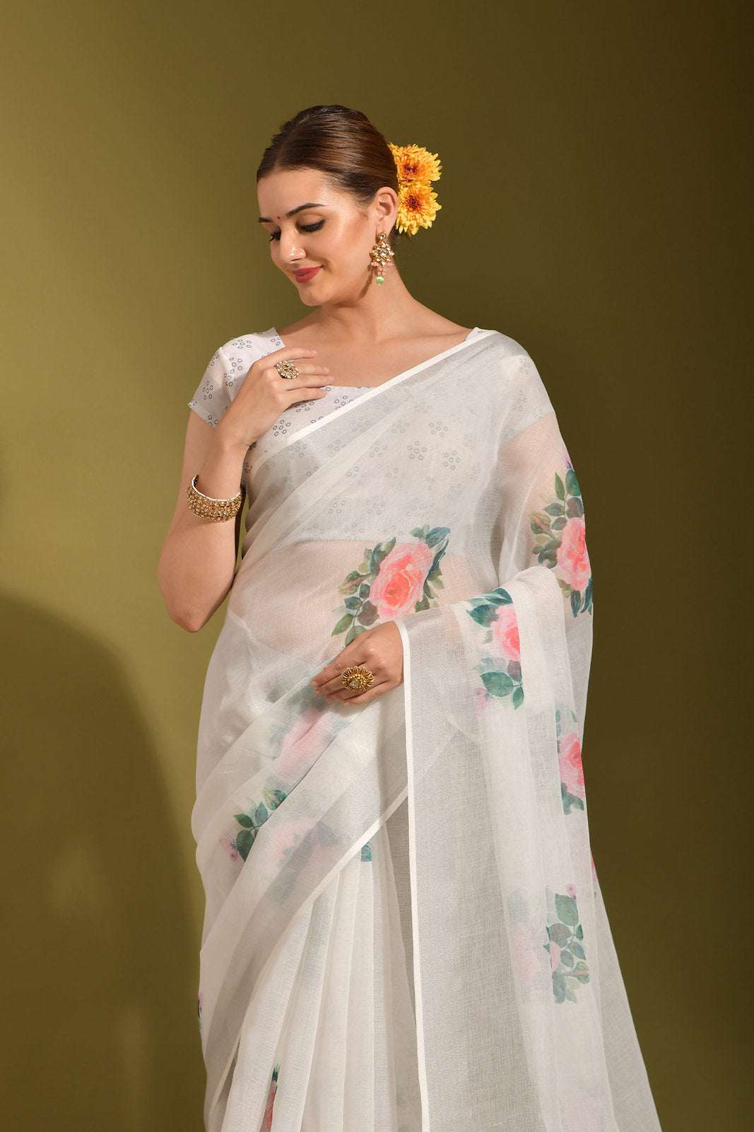 Buy MySilkLove Ice White Digital Printed Linen Saree Online