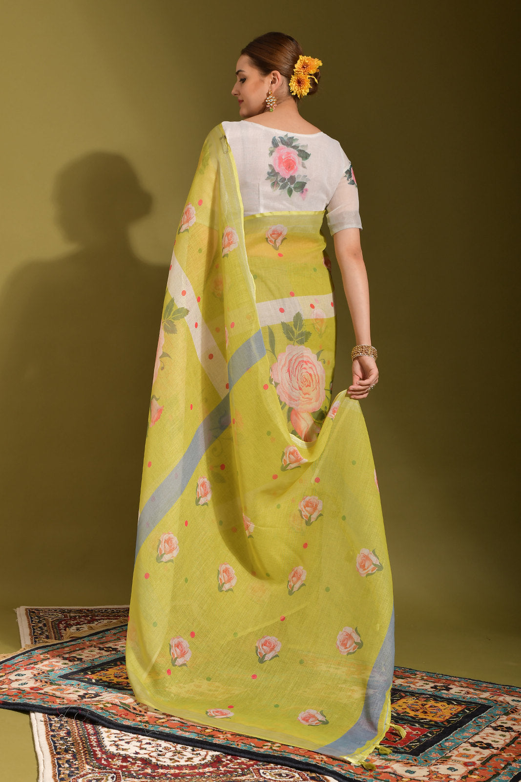 Buy MySilkLove Laser Green Digital Printed Linen Saree Online