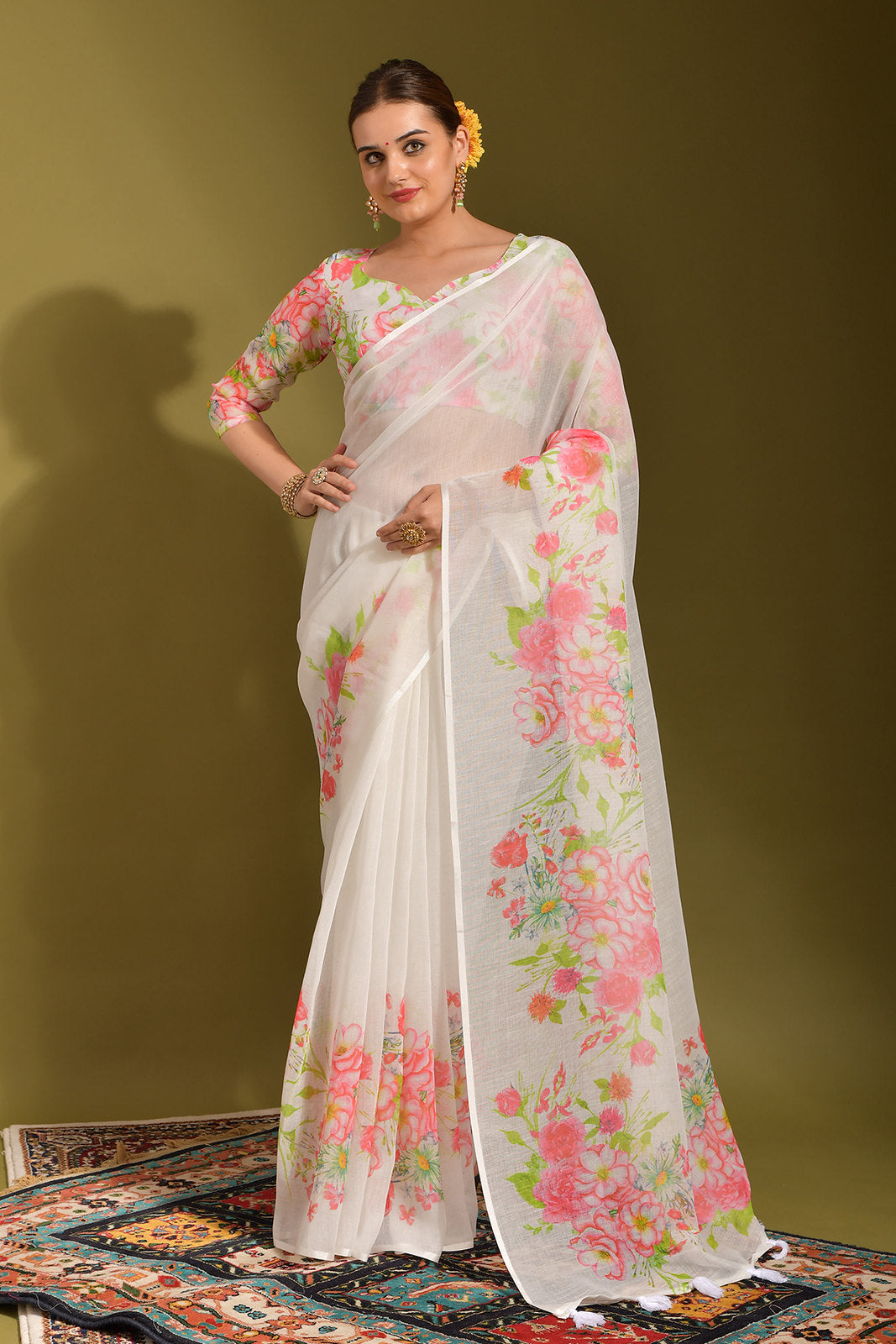 MySilkLove Serenade White and Pink Digital Printed Linen Saree