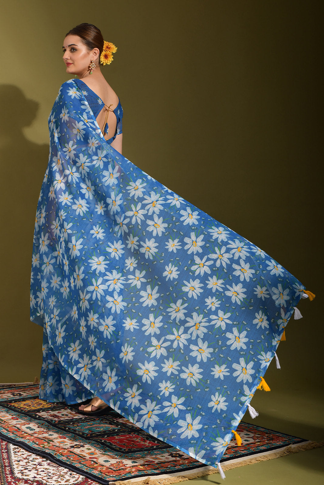 Buy MySilkLove Bdazzled Blue Digital Printed Linen Saree Online