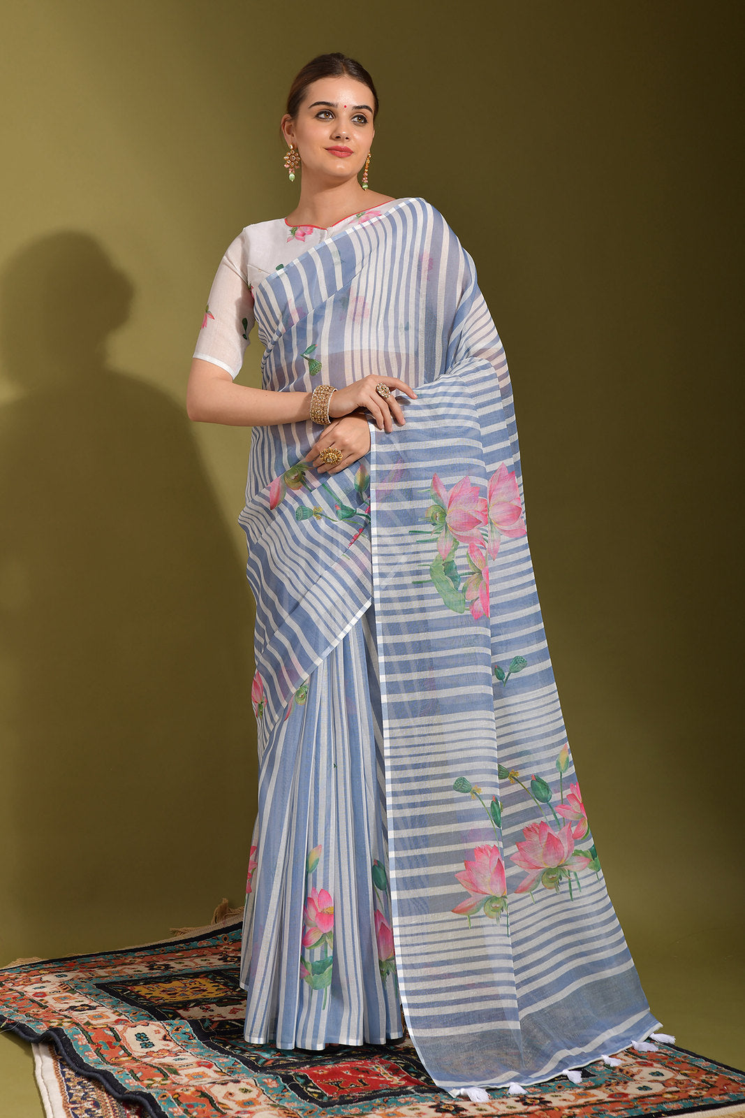 Buy MySilkLove Shadow Blue and Grey Digital Printed Linen Saree Online