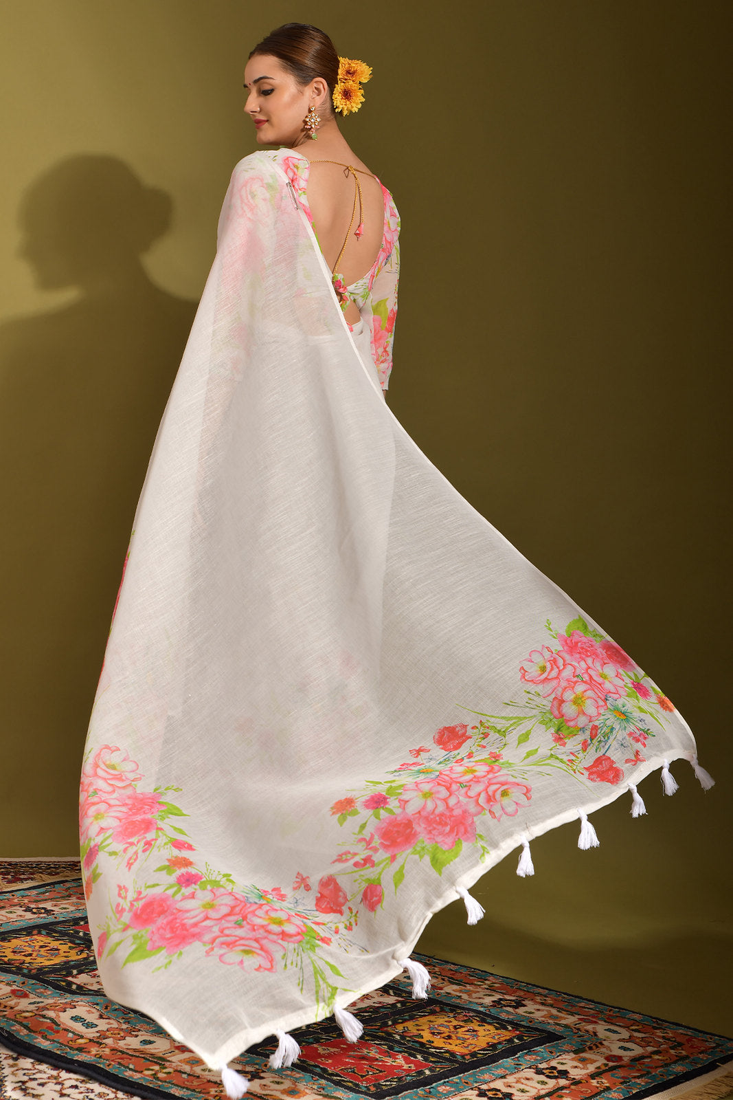 Buy MySilkLove Serenade White and Pink Digital Printed Linen Saree Online