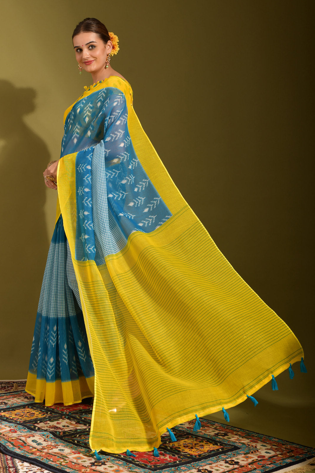 MySilkLove Sea Nymph Blue and Yellow Digital Printed Linen Saree