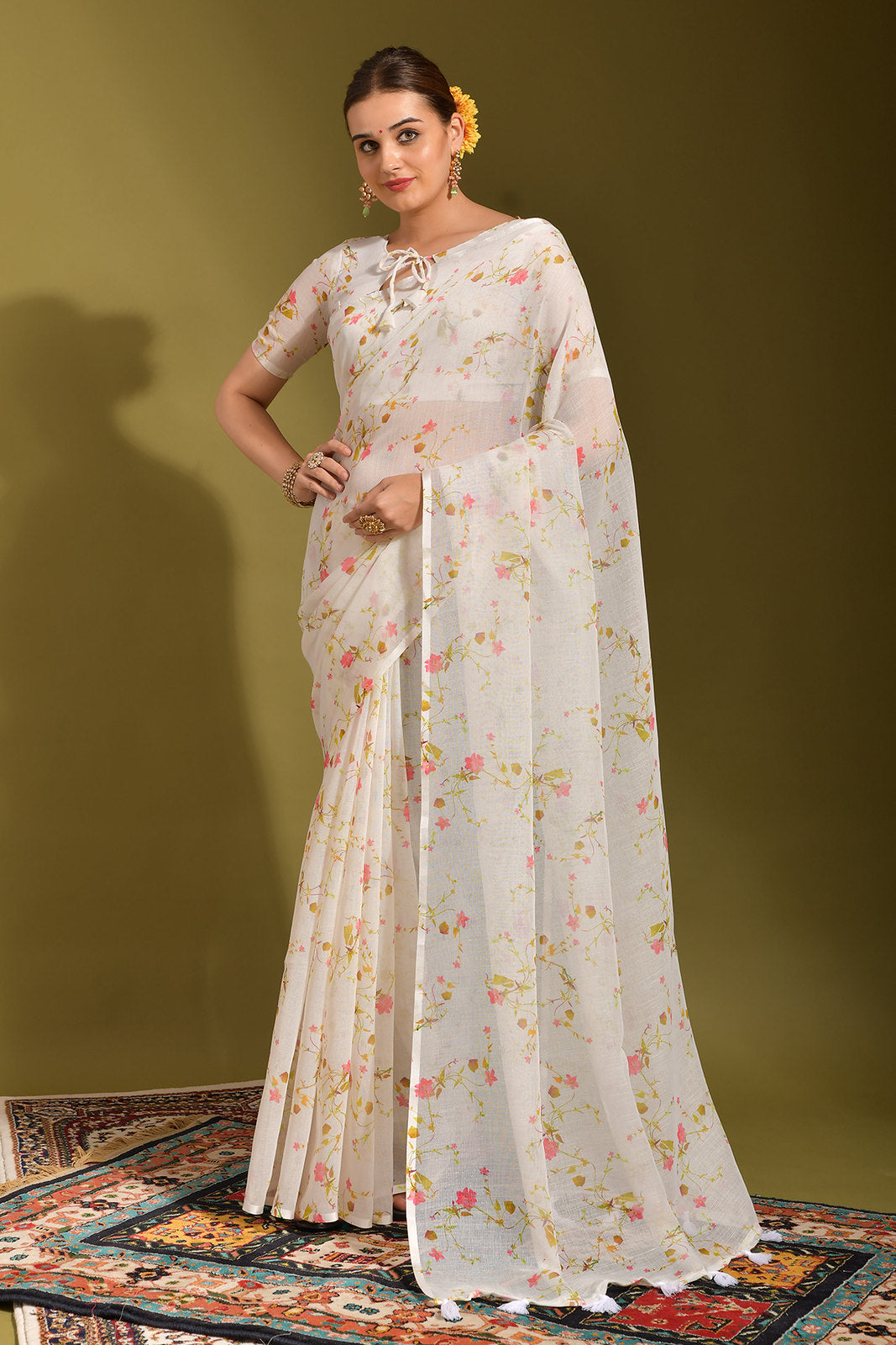 Buy MySilkLove Quarter Pearl Lusta White Digital Printed Linen Saree Online