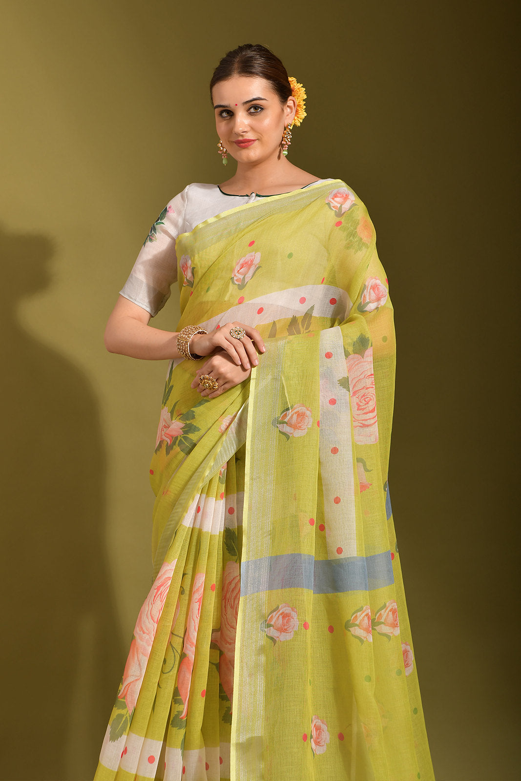 Buy MySilkLove Laser Green Digital Printed Linen Saree Online