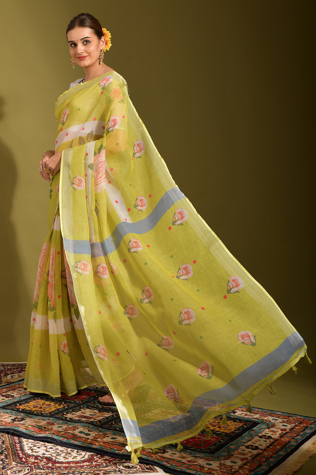 Buy MySilkLove Laser Green Digital Printed Linen Saree Online