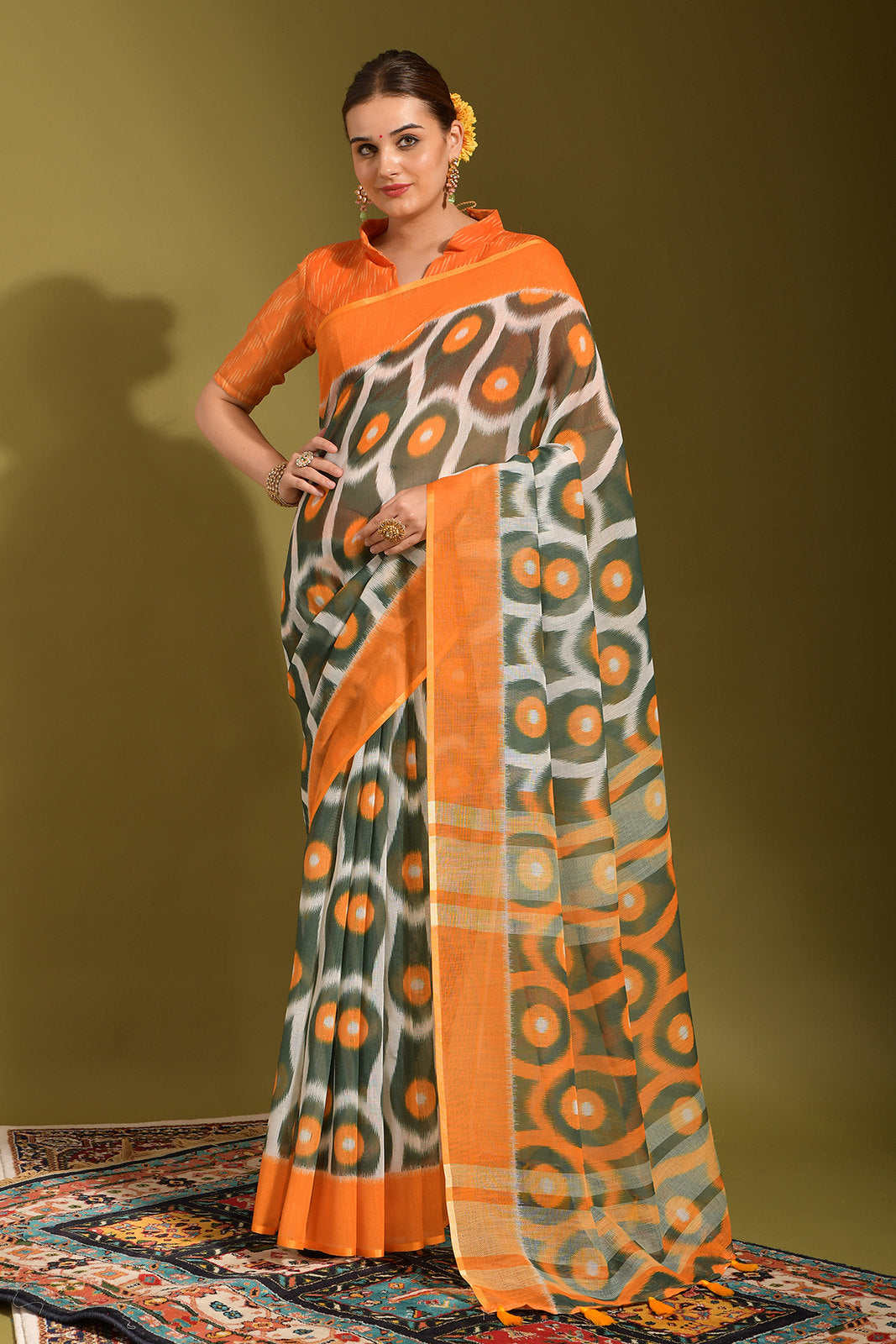 Buy MySilkLove Gurkha Green and Orange Digital Printed Linen Saree Online