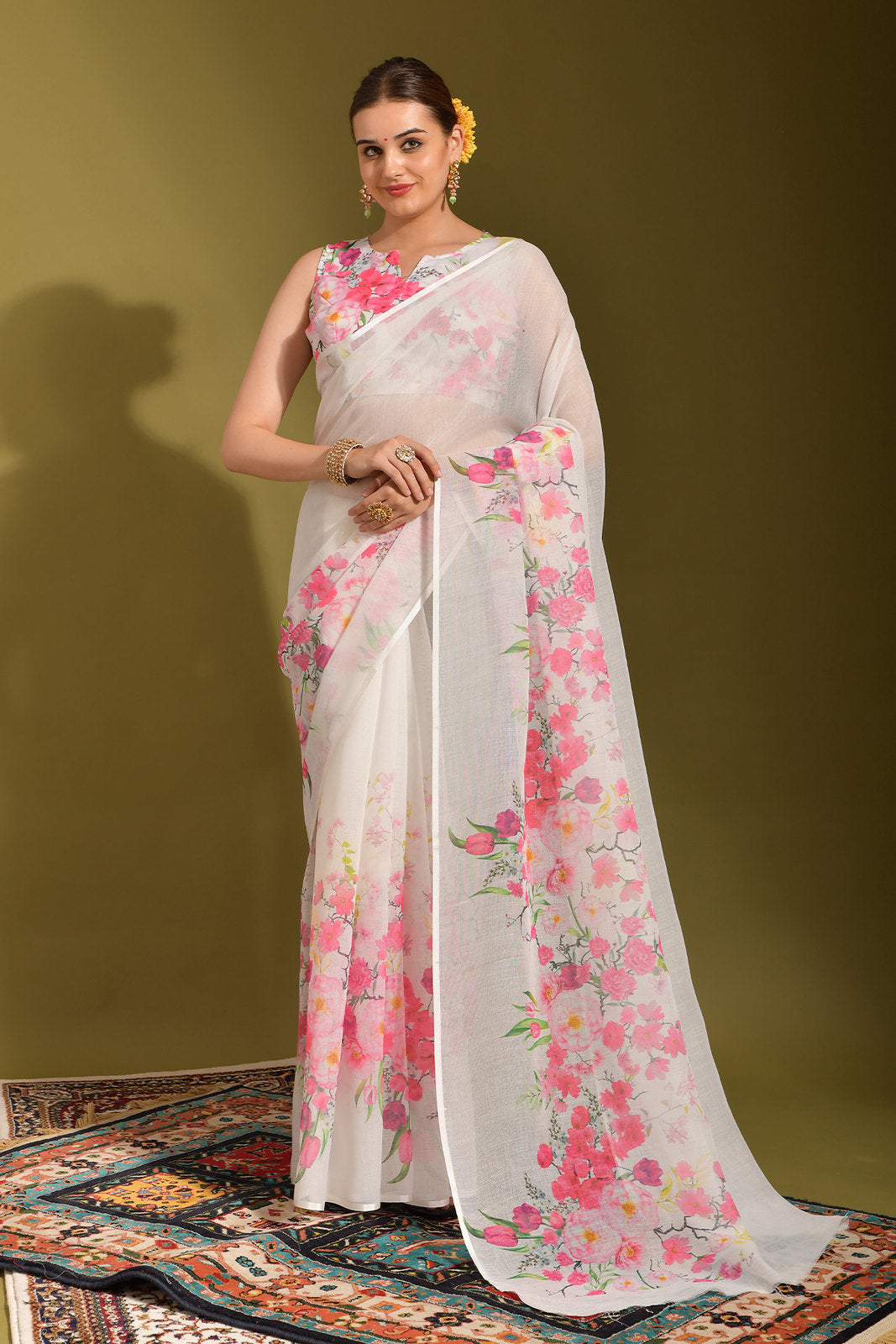 Buy MySilkLove Cavern Pink and White Digital Printed Linen Saree Online