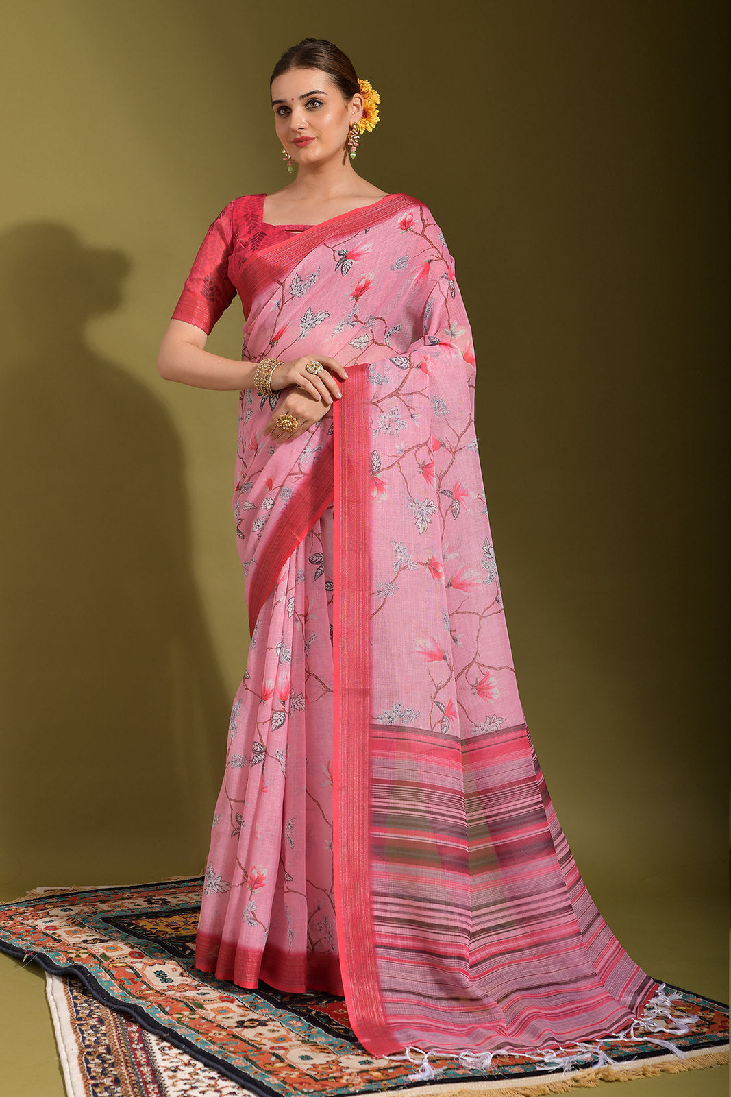 Buy MySilkLove Carissma Pink Digital Printed Linen Saree Online