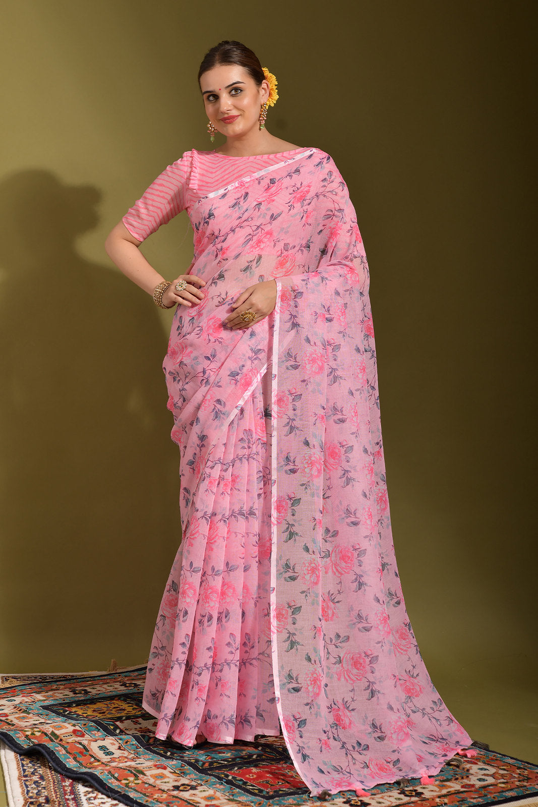 Buy MySilkLove Kobi Pink Linen Digital Printed Linen Saree Online