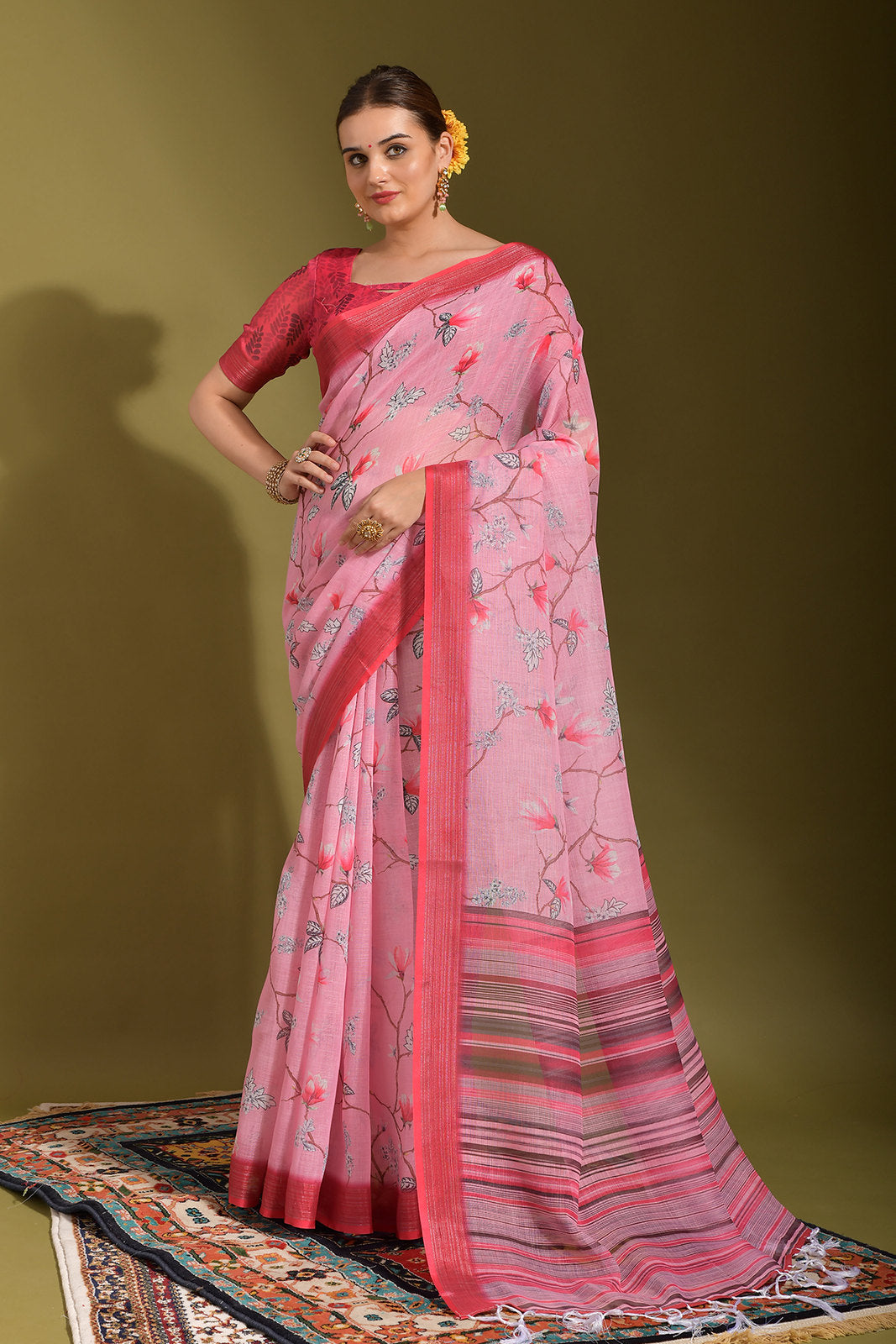 Buy MySilkLove Carissma Pink Digital Printed Linen Saree Online