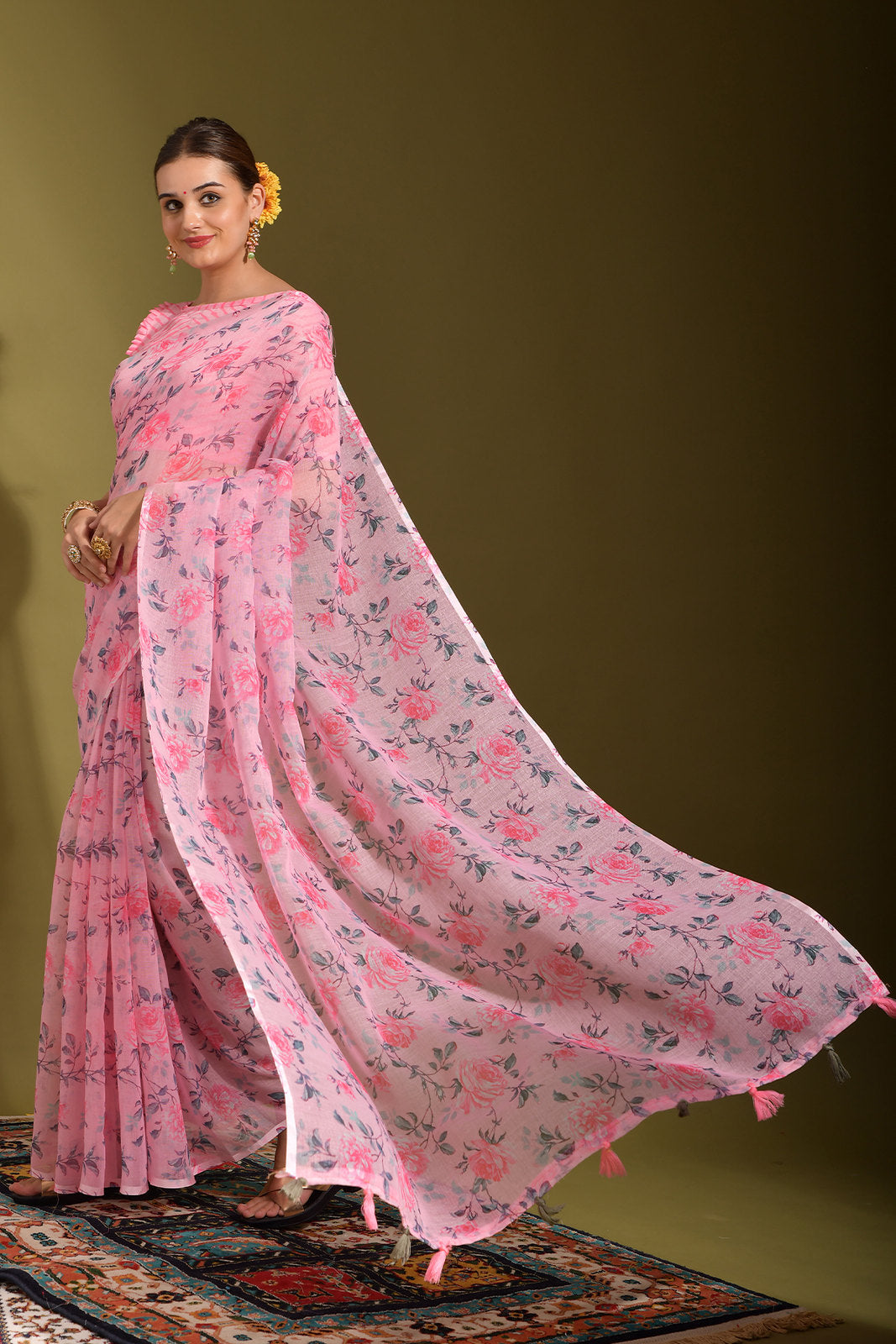 Buy MySilkLove Kobi Pink Linen Digital Printed Linen Saree Online