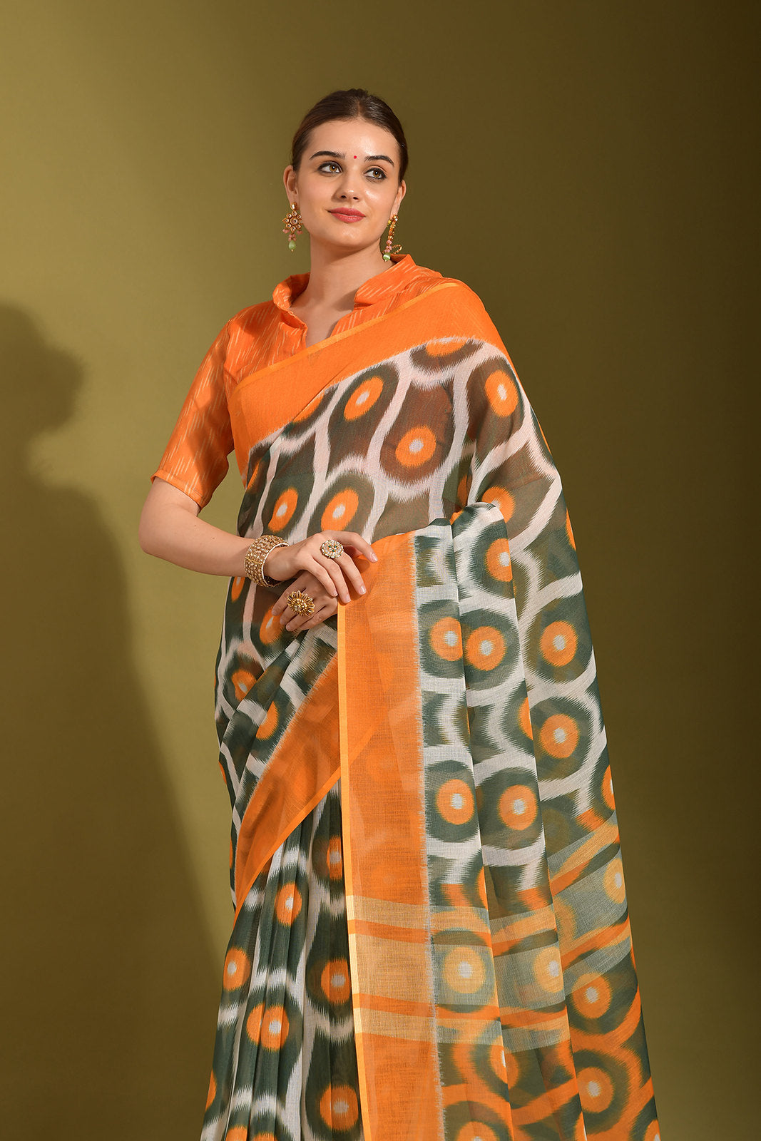 Buy MySilkLove Gurkha Green and Orange Digital Printed Linen Saree Online