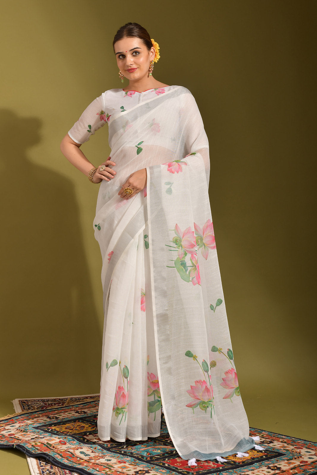 Buy MySilkLove Ice White Digital Printed Linen Saree Online