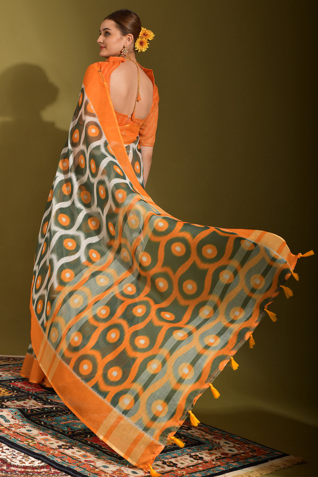 Buy MySilkLove Gurkha Green and Orange Digital Printed Linen Saree Online