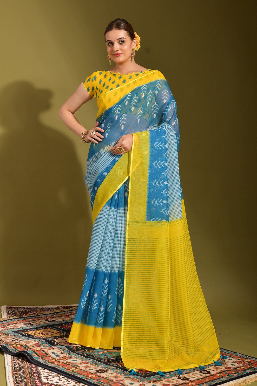 Buy MySilkLove Sea Nymph Blue and Yellow Digital Printed Linen Saree Online