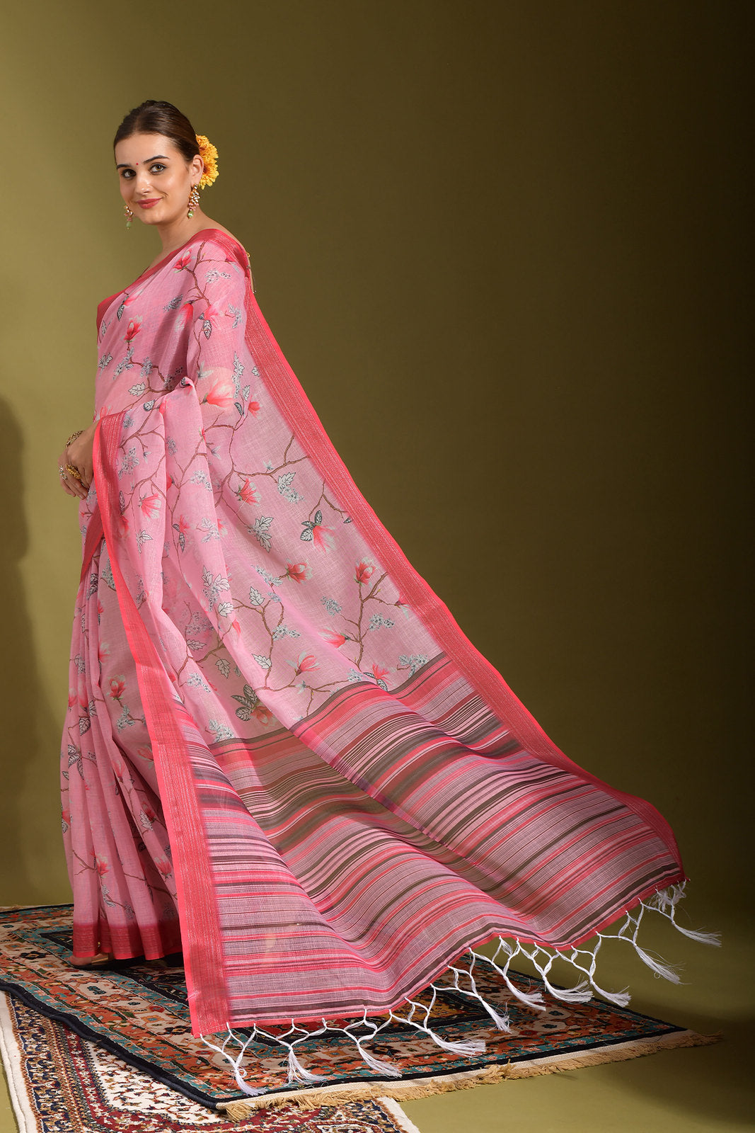 MySilkLove Carissma Pink Digital Printed Linen Saree