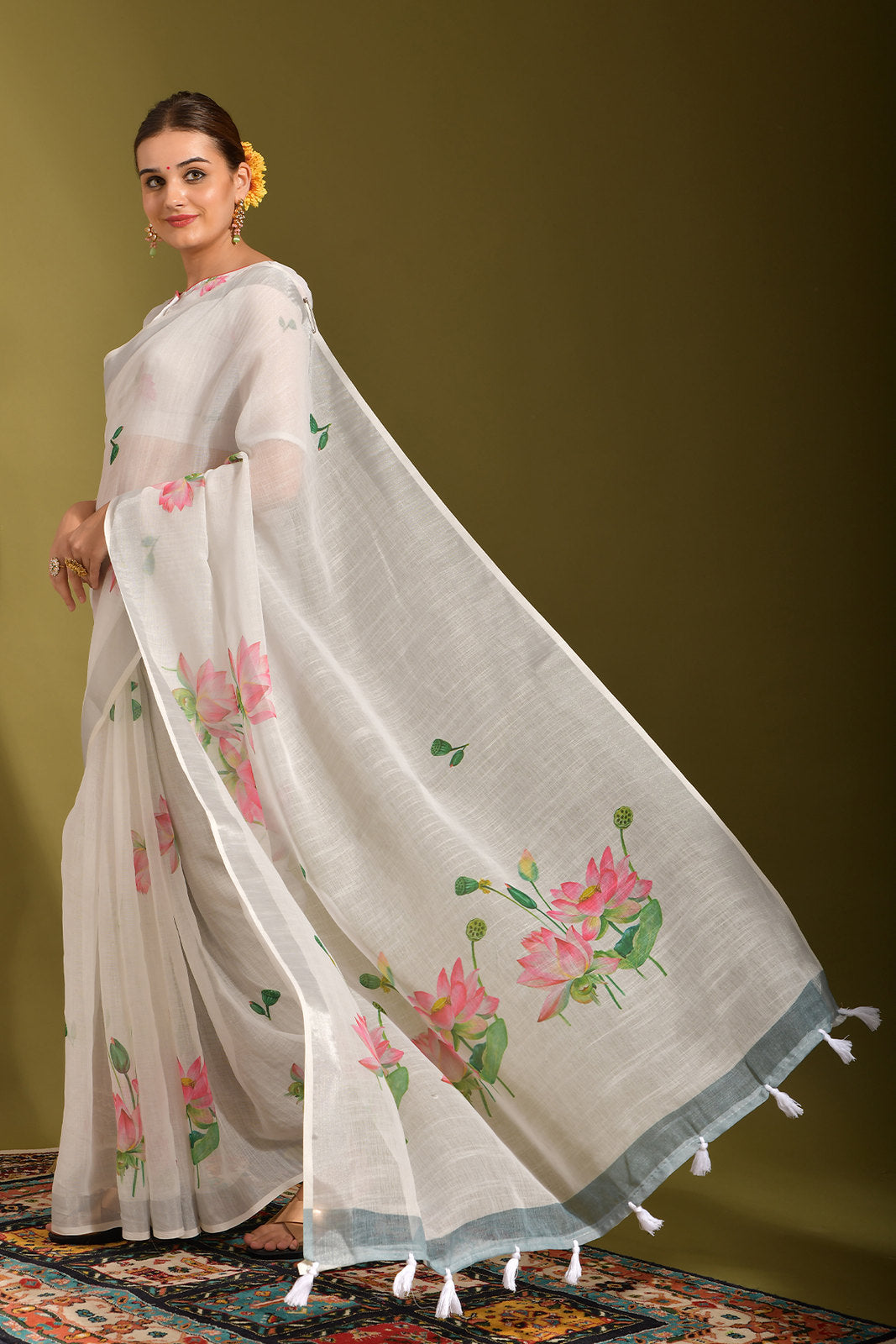 MySilkLove Ice White Digital Printed Linen Saree