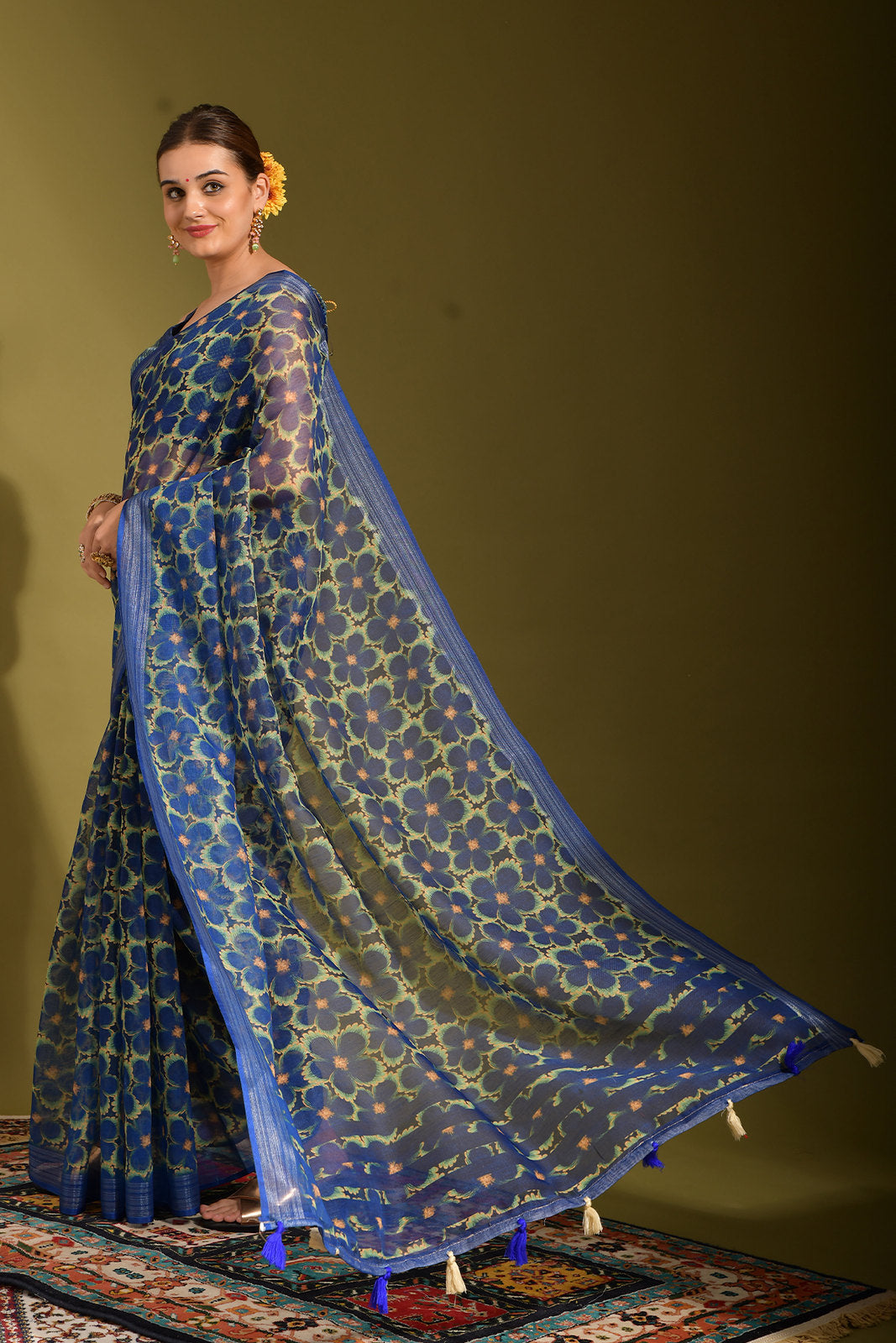 Buy MySilkLove San Juan Blue Digital Printed Linen Saree Online