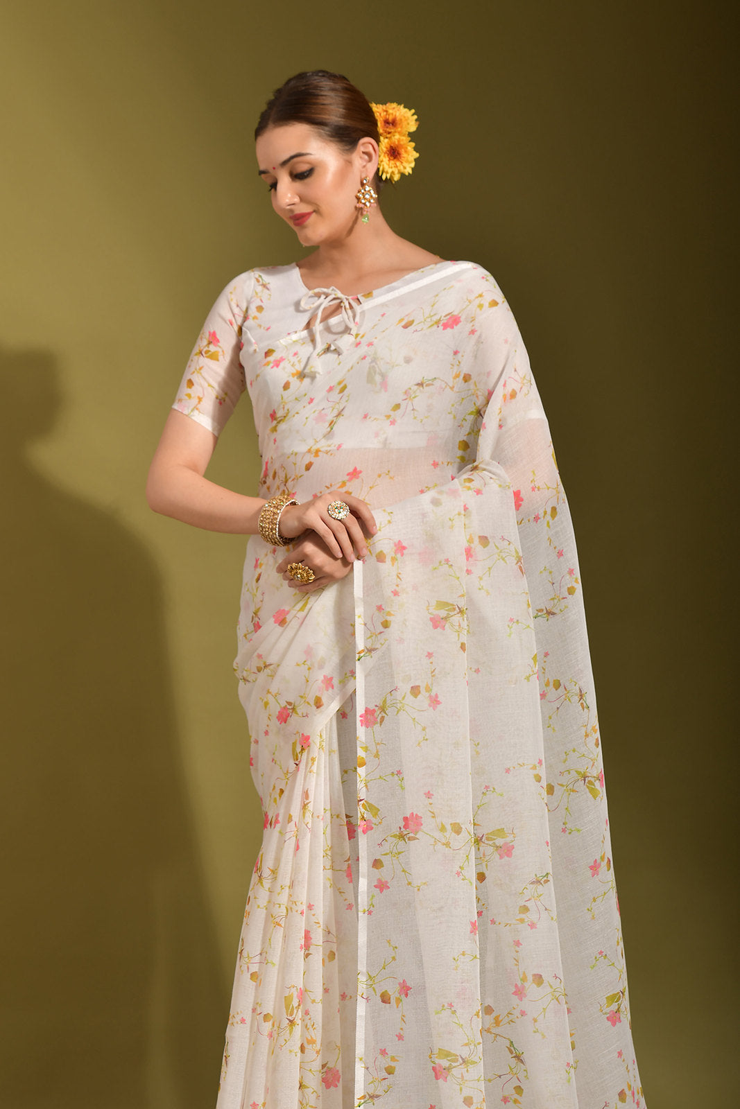 Buy MySilkLove Quarter Pearl Lusta White Digital Printed Linen Saree Online