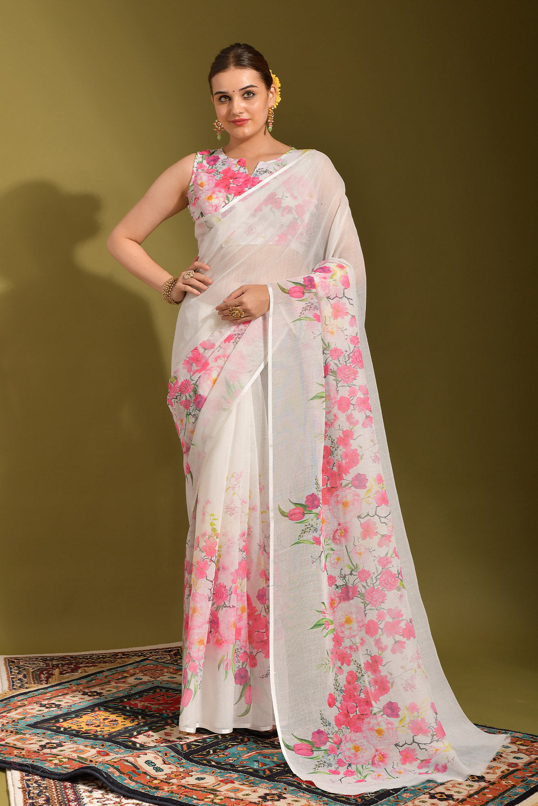 Buy MySilkLove Cavern Pink and White Digital Printed Linen Saree Online