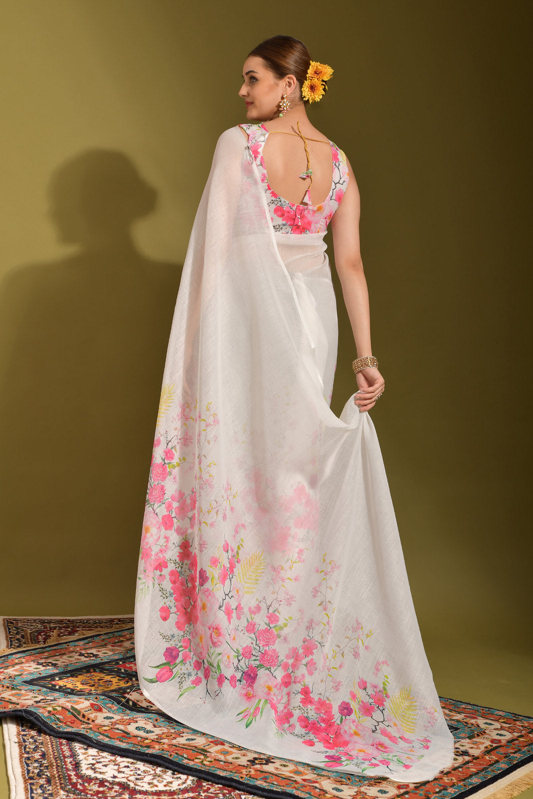 Buy MySilkLove Cavern Pink and White Digital Printed Linen Saree Online