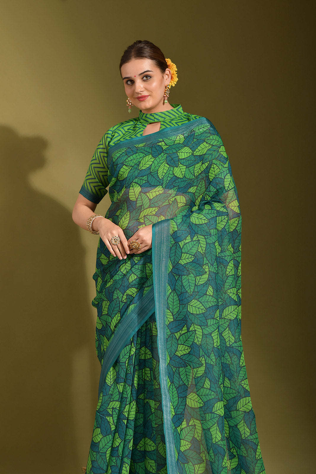 Buy MySilkLove Dark Leaf Green Digital Printed Linen Saree Online