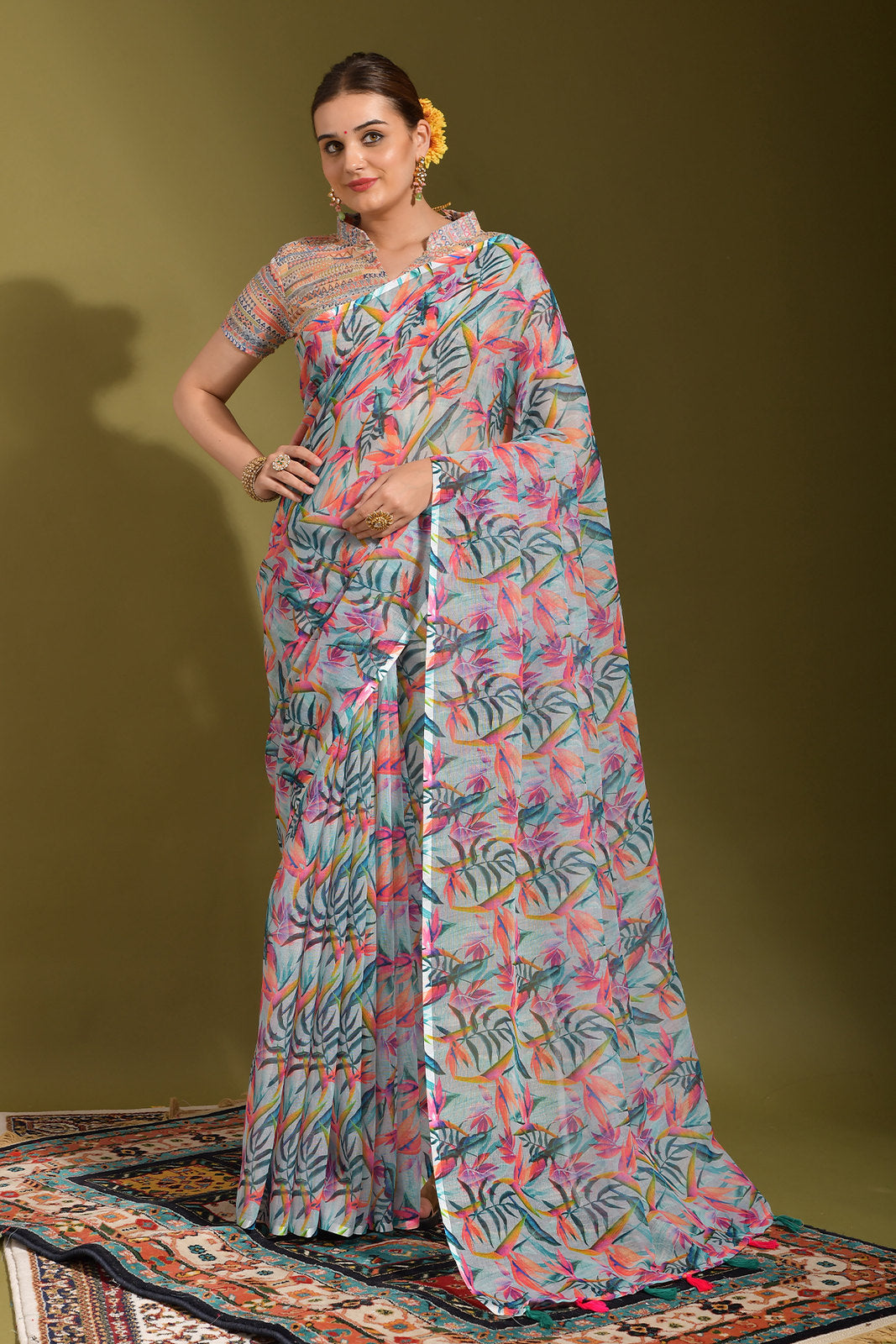 Buy MySilkLove Heather Blue Multicolor Digital Printed Linen Saree Online