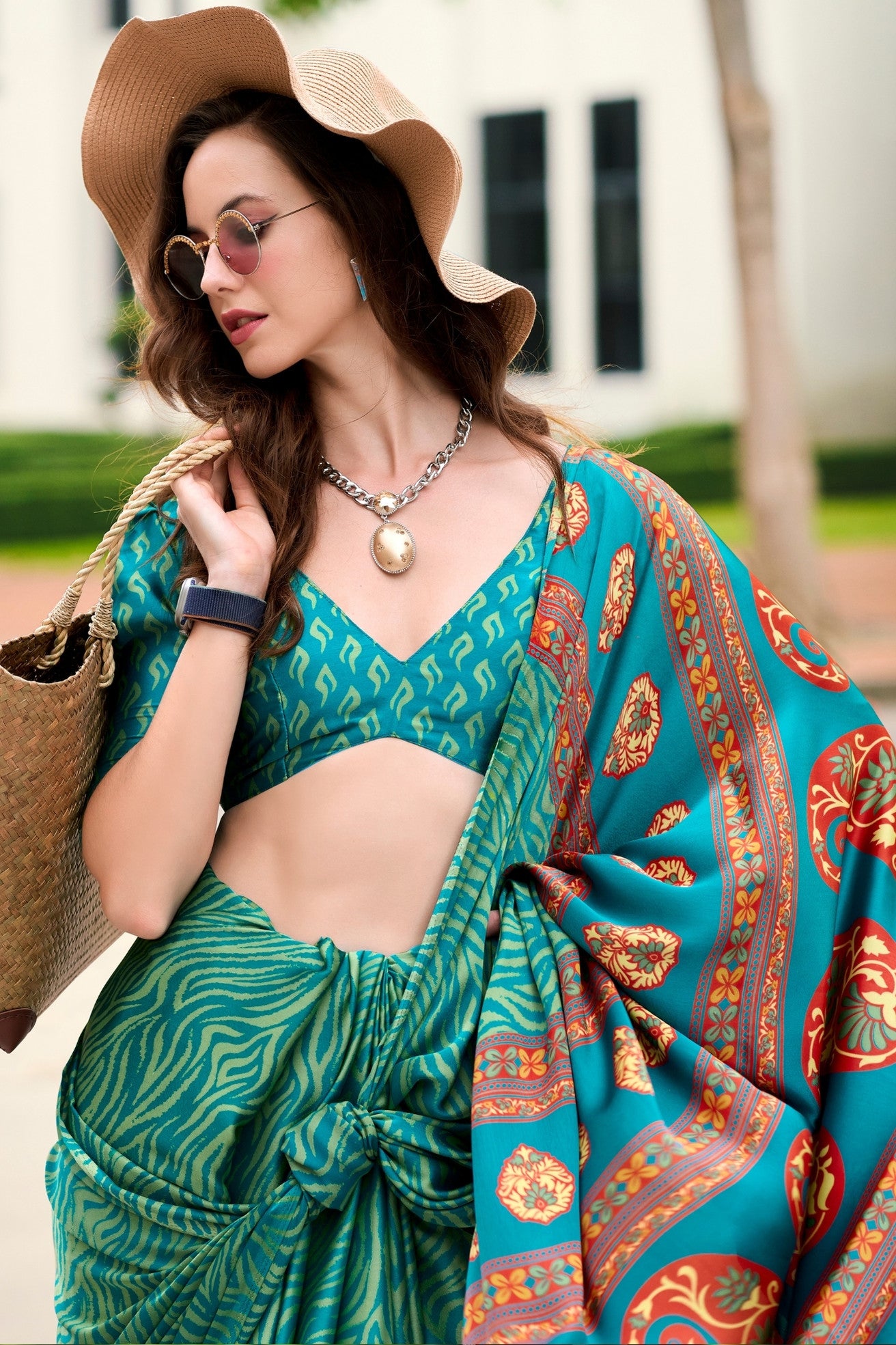 Buy MySilkLove Clover Green Printed Satin Crepe Saree Online