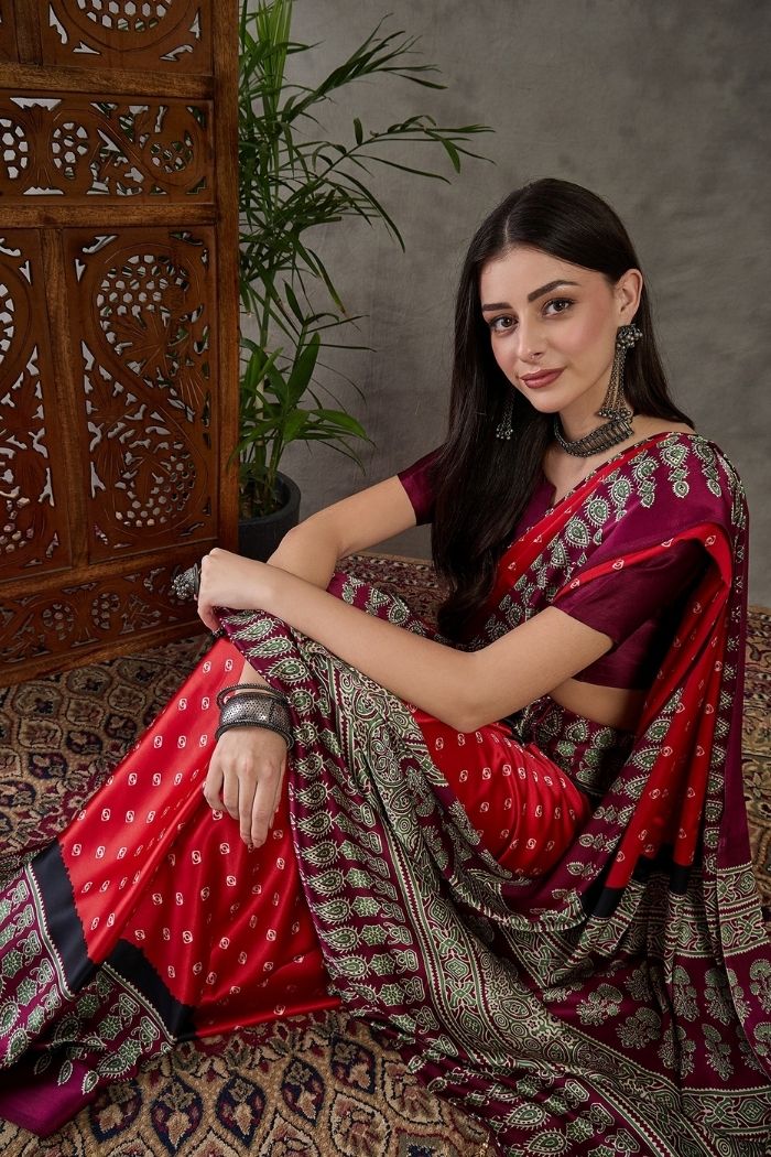 MySilkLove Brick Red Ajrakh Printed Satin Gaji Silk Saree