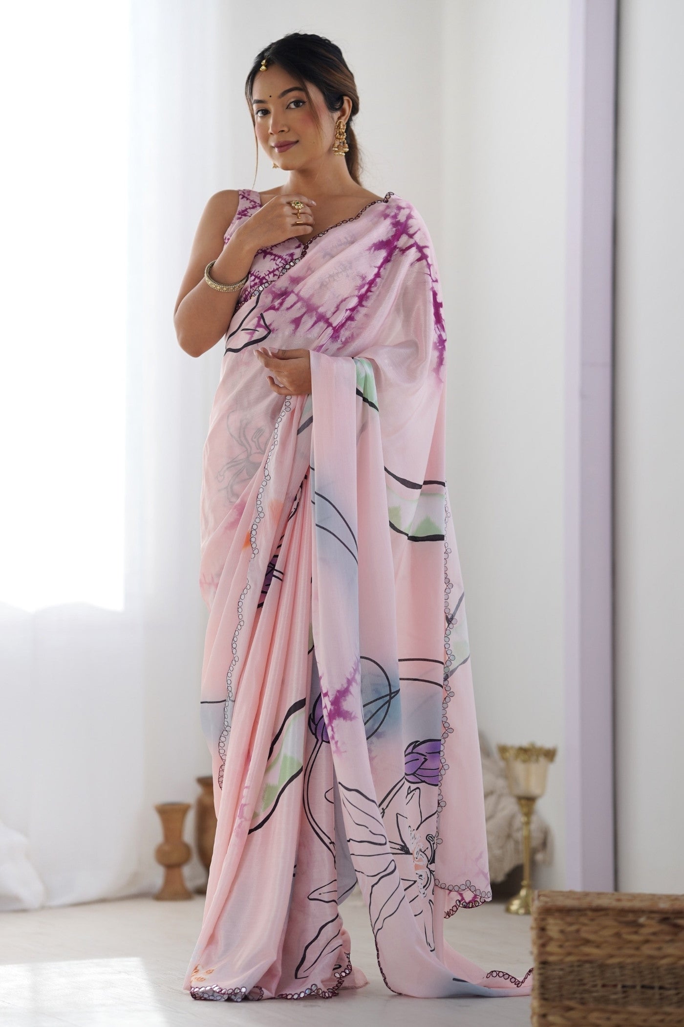 Buy MySilkLove Thistle Pink Digital Printed Chinon Saree Online