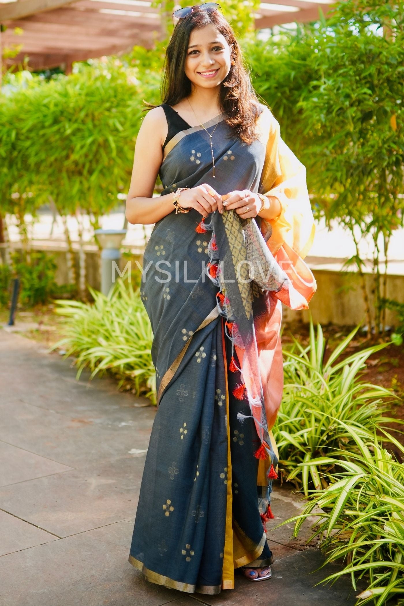 Buy MySilkLove Ink Black and Yellow Handloom Cotton Saree Online