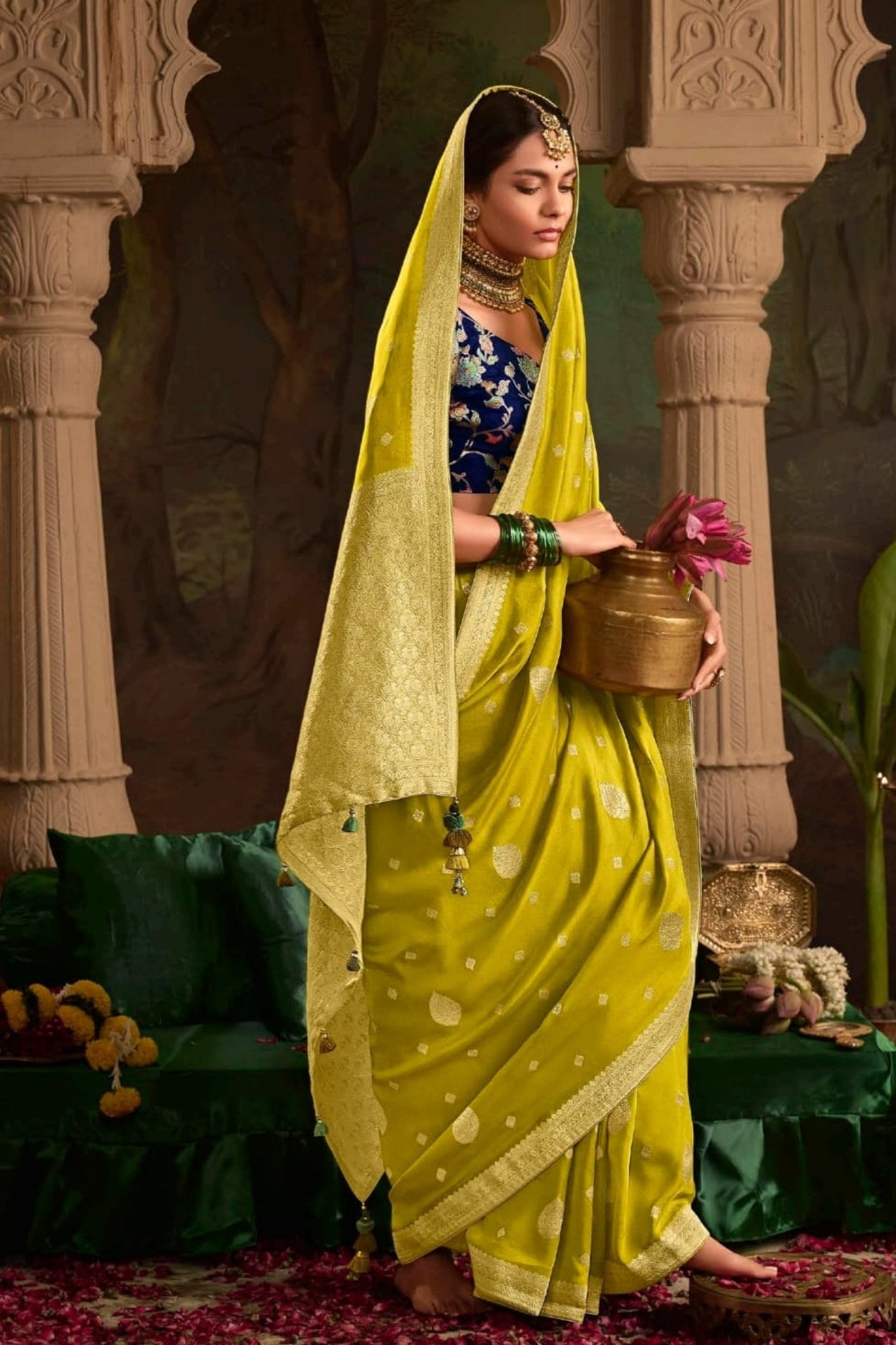 Buy MySilkLove Alpine Yellow Designer Banarasi Dola Silk Saree Online