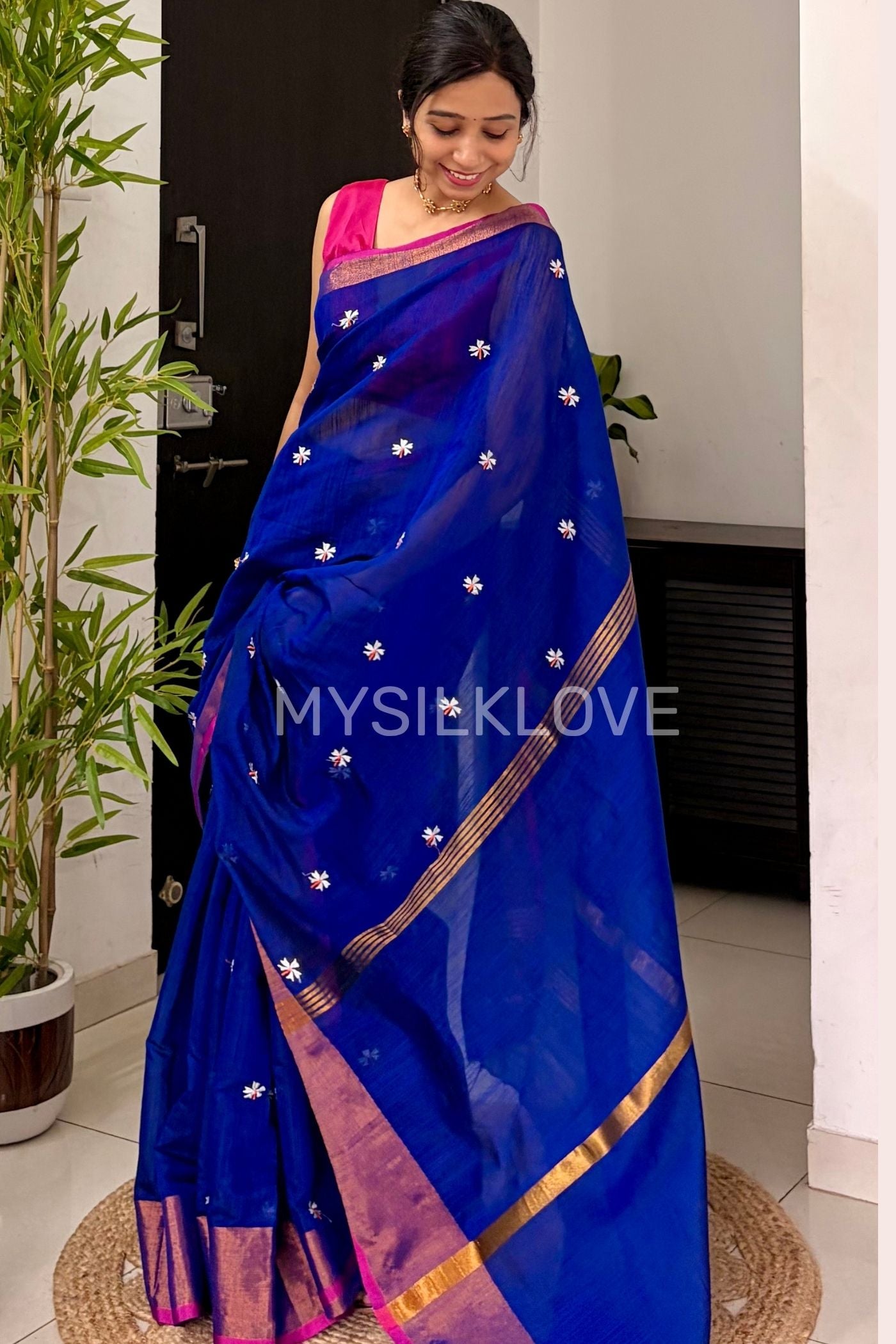 Buy MySilkLove Havelock Blue Handloom Cotton Prajakta Flower Butti Saree Online
