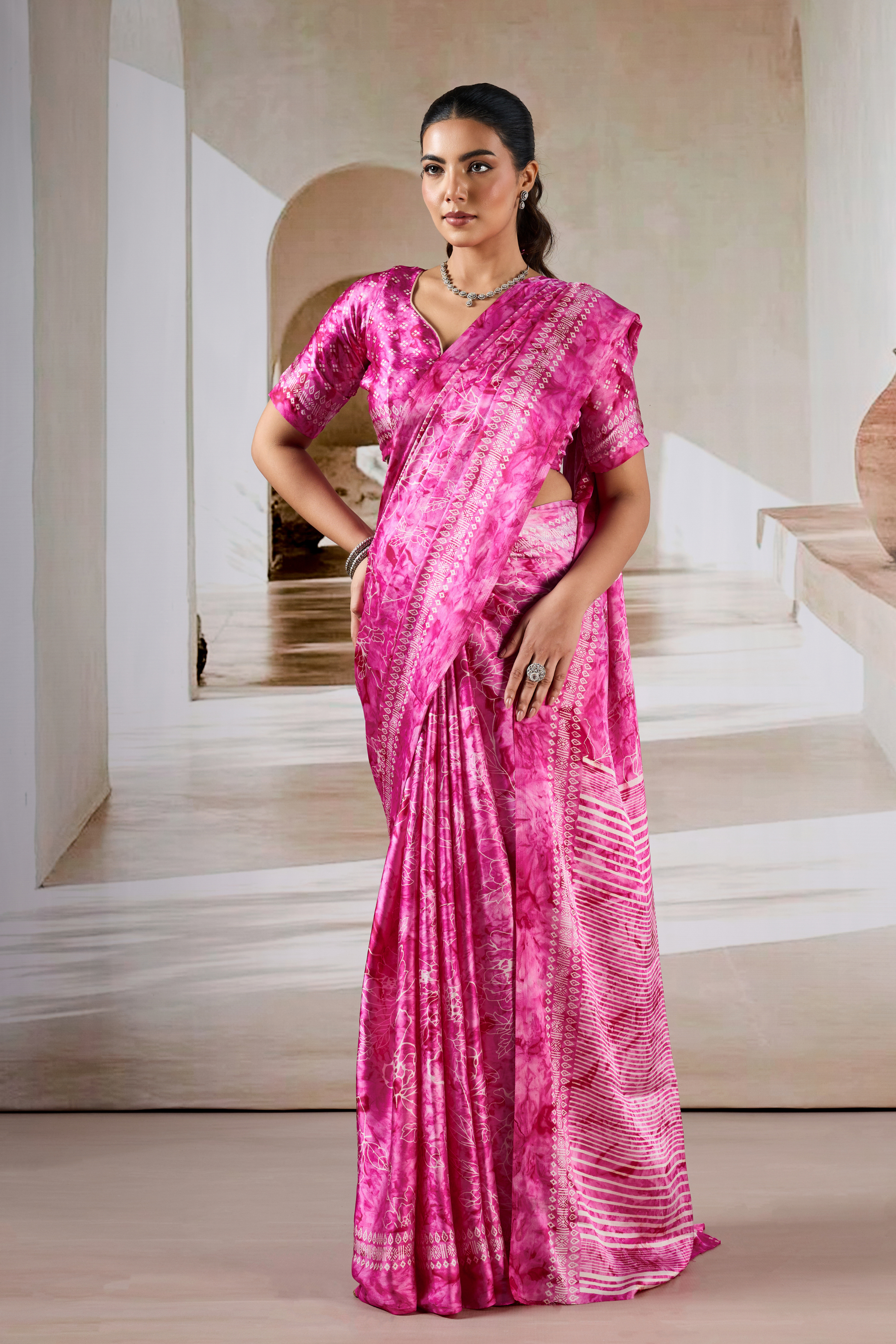 Buy MySilkLove Blossom Pink Modal Satin Hand Prism Print Saree Online