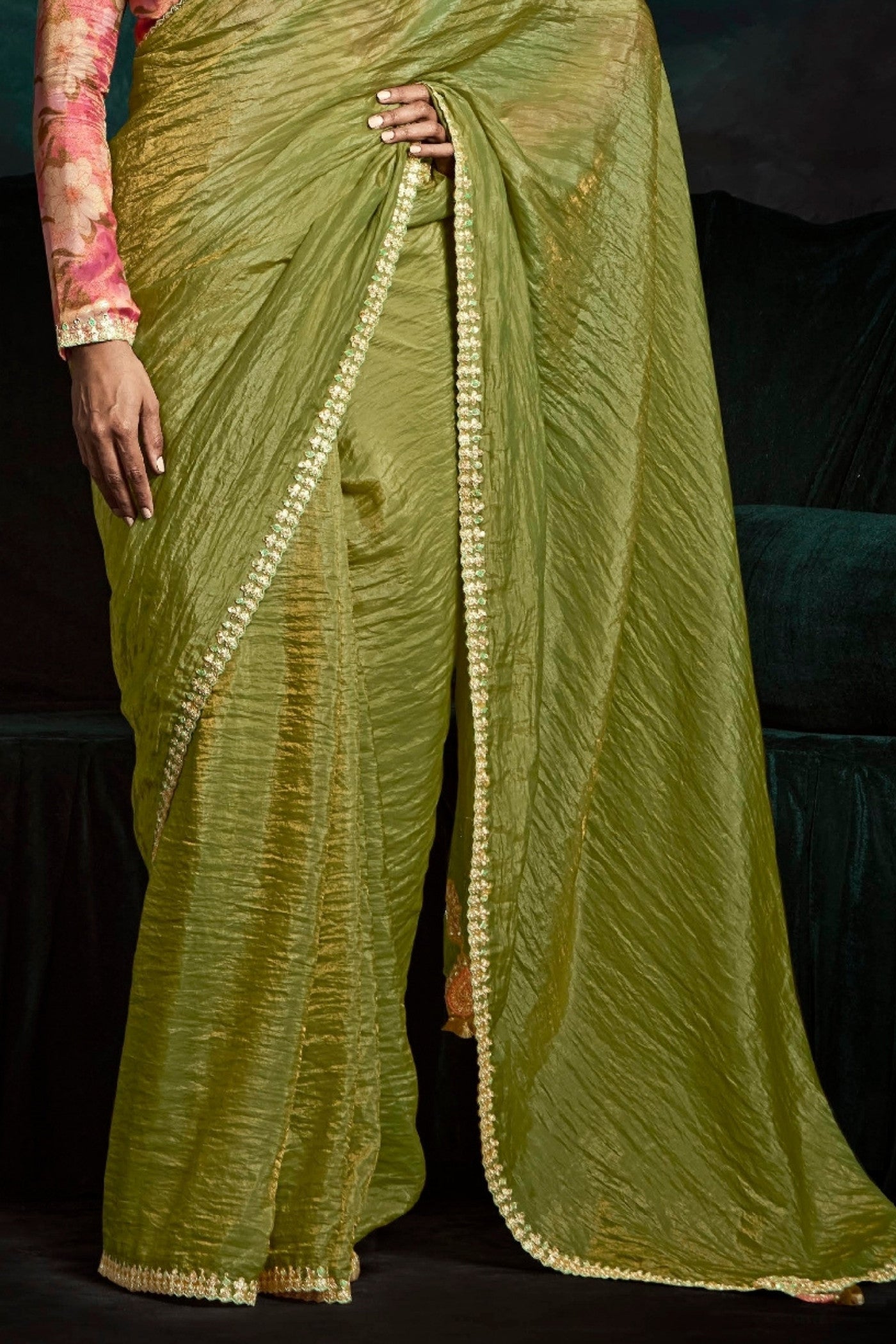 Buy MySilkLove Olivetone Green Embroidered Tissue Designer Saree Online