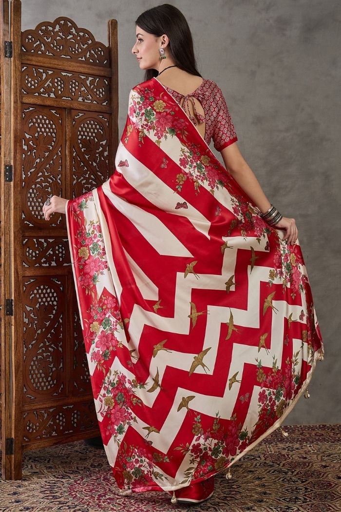 Buy MySilkLove Fire Red Stripe Printed Floral Satin Gaji Silk Saree Online