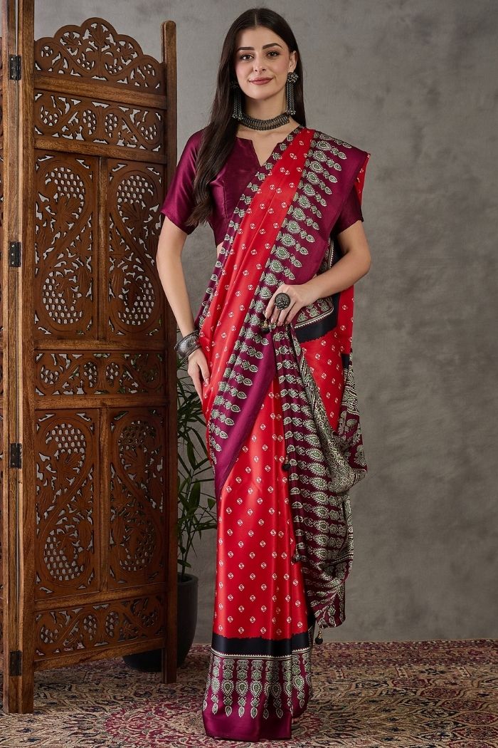 Buy MySilkLove Brick Red Ajrakh Printed Satin Gaji Silk Saree Online