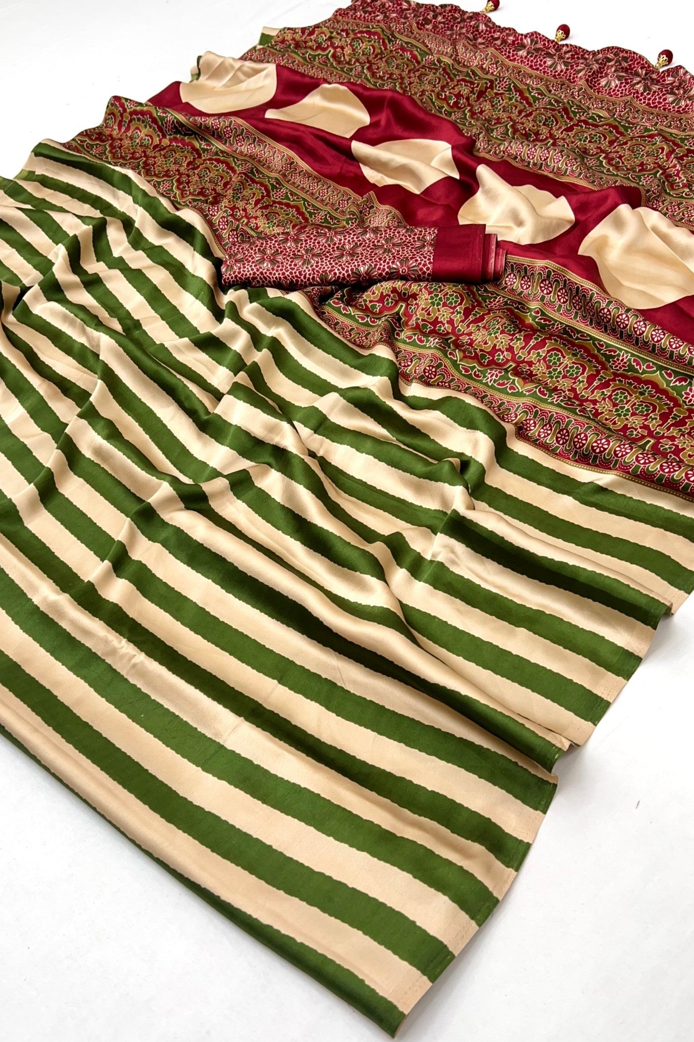 Buy MySilkLove Avocado Green Stripe Ajrakh Printed Satin Gaji Silk Saree Online