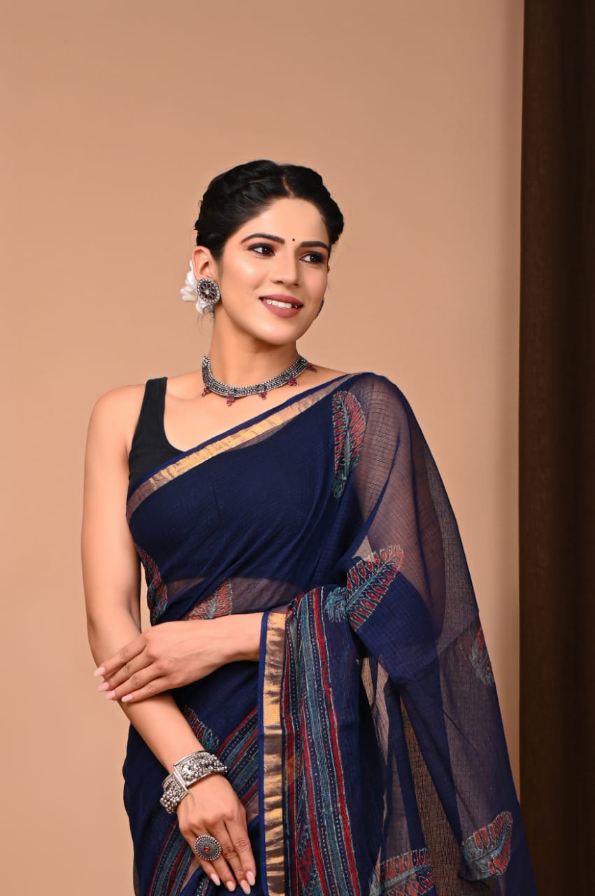 Buy MySilkLove Martinique Blue Handblock Kota Doriya Saree Online