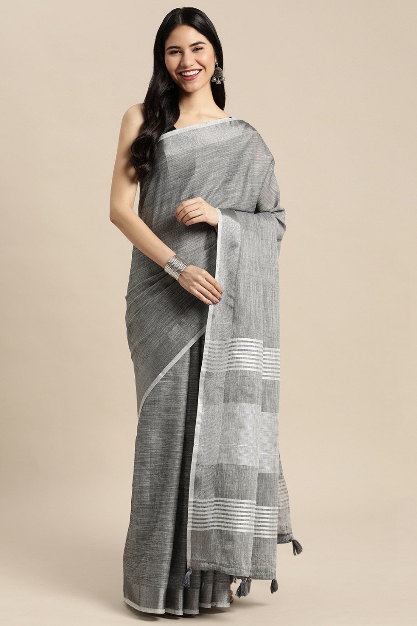 Buy MySilkLove Cadet Grey Woven Linen Cotton Saree Online